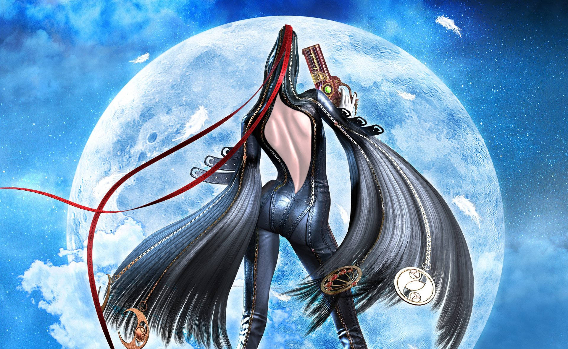 Bayonetta 桌布 壁紙 — 一位黑髮動漫女性穿著黑色皮革服裝，站在巨大的月亮前，手持槍支，紅色絲帶在星空飄揚。