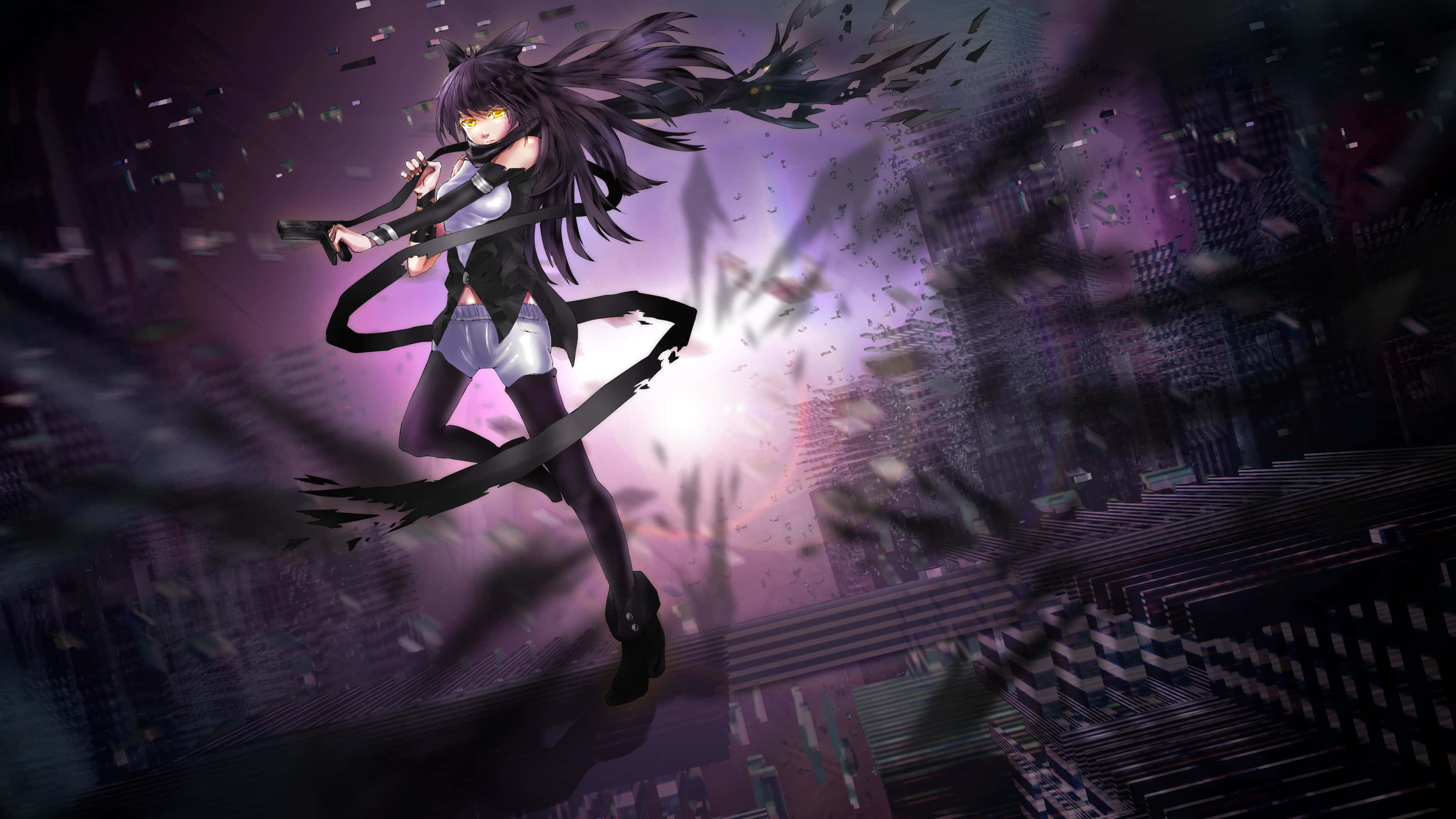 Rwby 桌布 壁紙 — 一位黑髮動漫少女，眼睛發光，在紫色天空下破碎的城市景觀中揮舞著黑色絲帶武器。