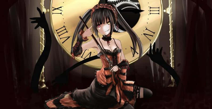 Dark Anime Girl 桌布 壁紙 — 一位黑髮動漫少女穿著哥德式服裝，在一個巨大的金色時鐘前拿著發條武器，時鐘有陰影般的手伸出。