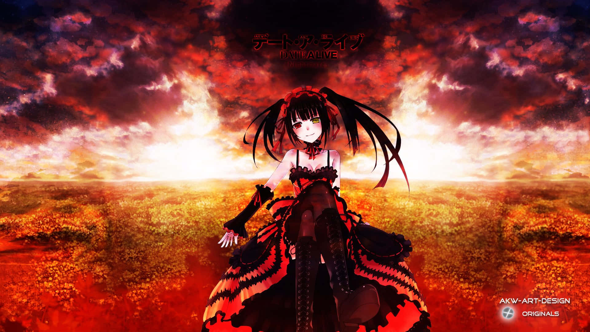 Date A Live 桌布 壁紙 — 一位黑髮動漫少女穿著哥德式連衣裙，站在血紅色夕陽天空下的火熱田野中。