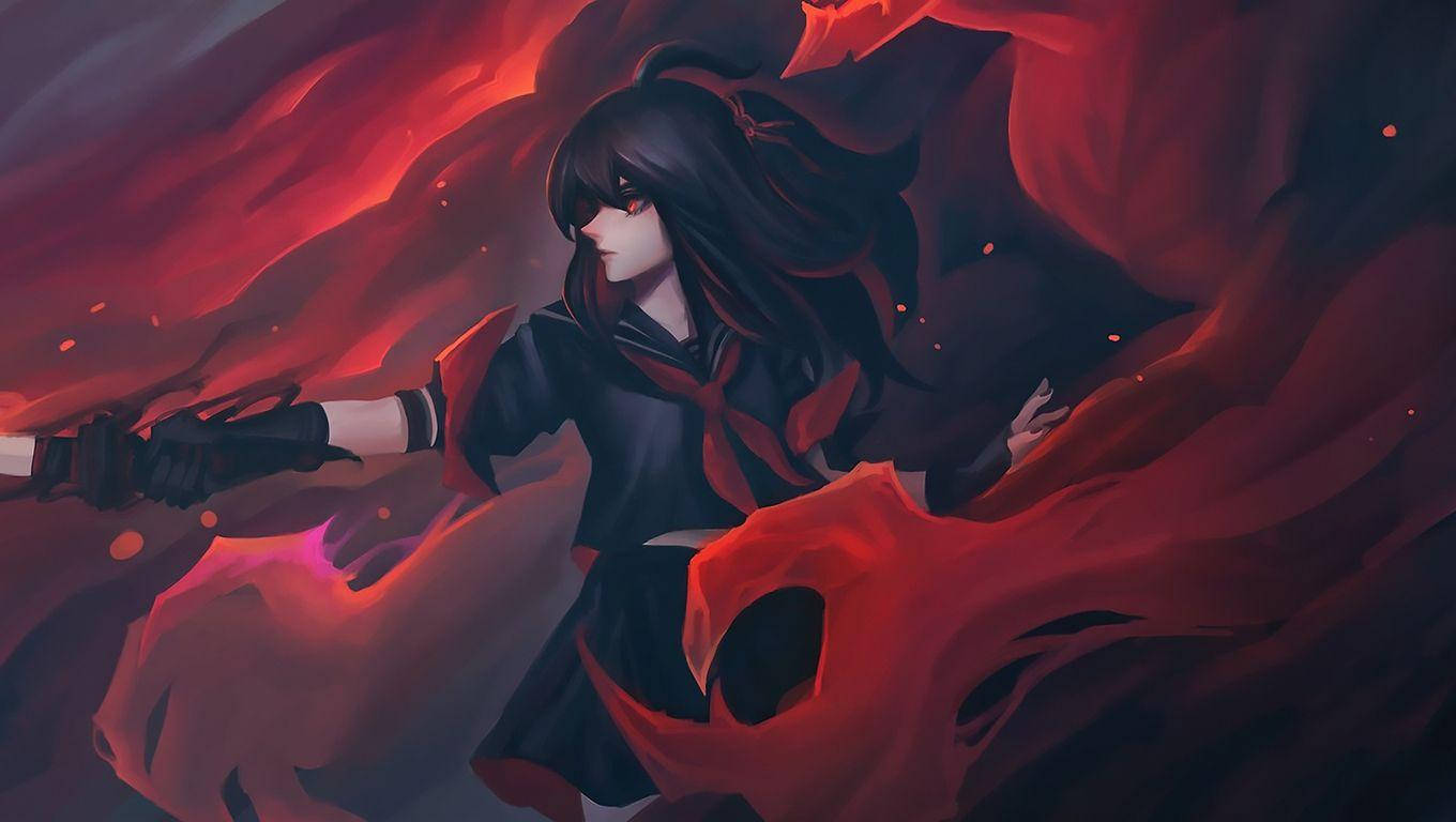 穿著校服的動漫少女被紅色火焰包圍揮舞著劍。 — 紅黑動圖 壁紙