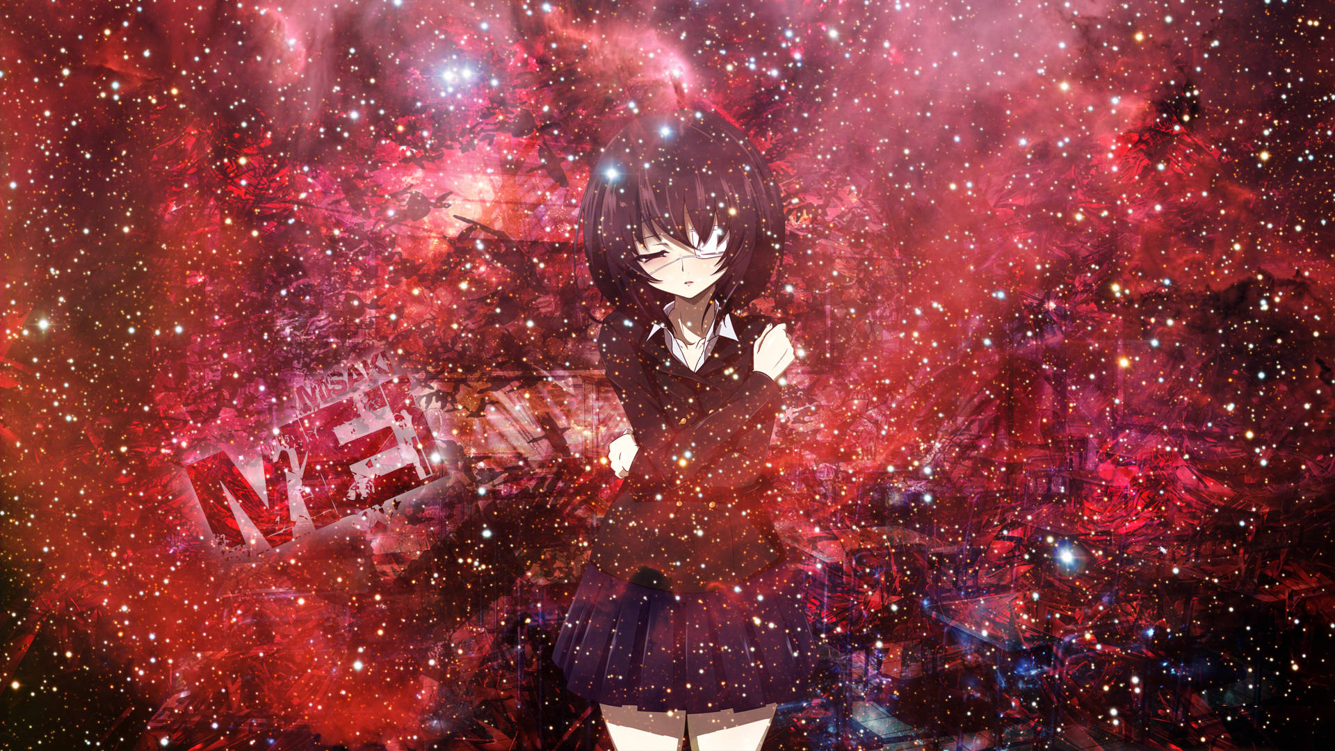 Another 桌布 壁紙 — 一位黑髮動漫少女穿著校服，站在充滿閃爍星星和破碎文字的鮮紅色宇宙星雲中。