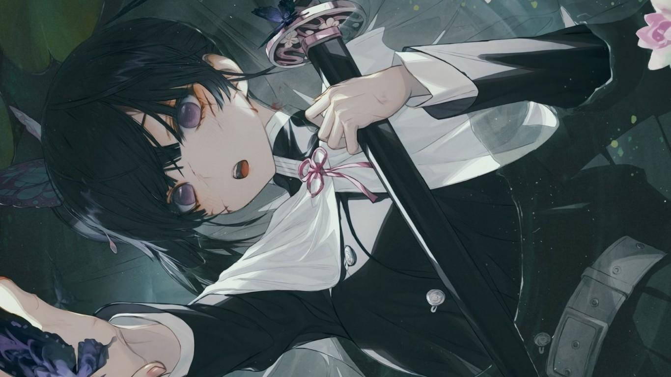 鬼滅之刃 桌布 壁紙 — 一位黑髮動漫少女穿著校服，躺在飄浮的花瓣和發光粒子中，手持武士刀。