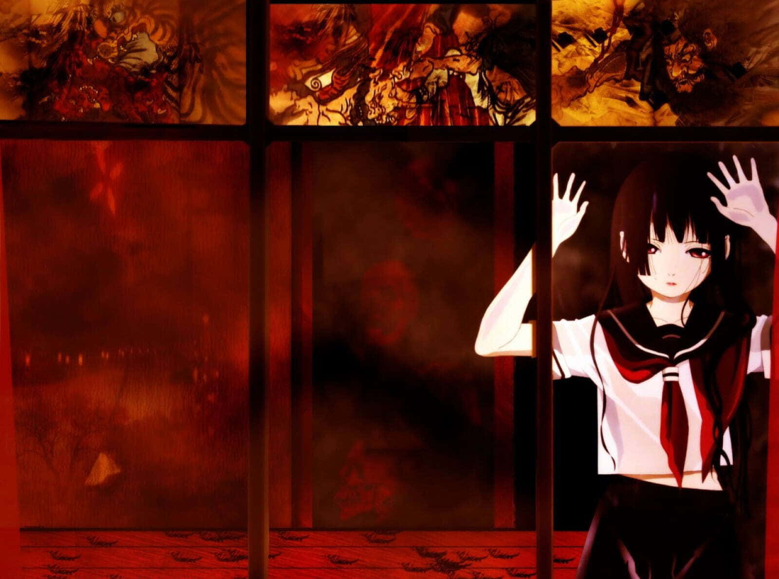 Thriller Anime 桌布 壁紙 — 一位黑髮動漫少女穿著校服，雙手按在窗玻璃上，身後有火焰般的惡魔形象在紅色調的房間中旋轉。