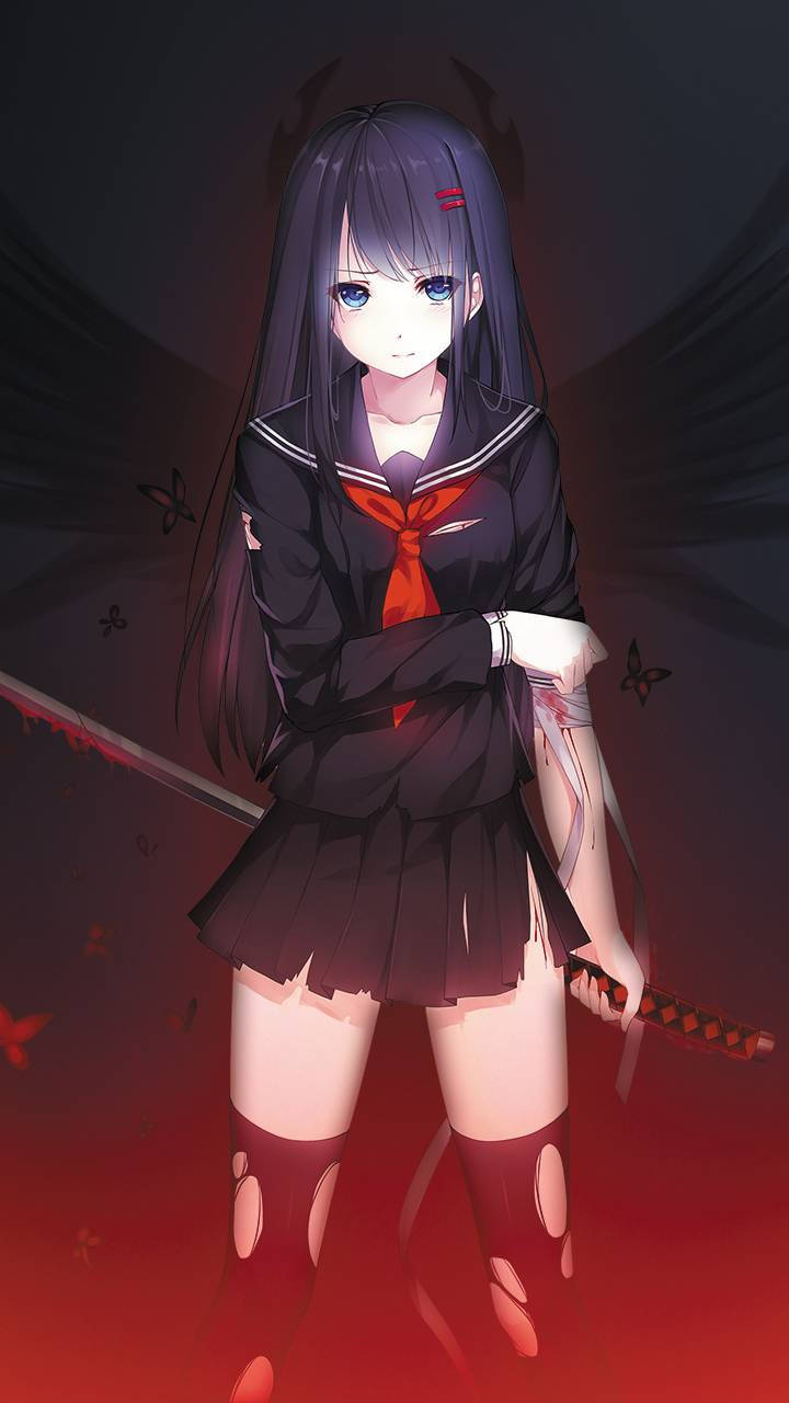 動漫惡魔 桌布 壁紙 — 一位黑髮動漫少女穿著沾血的水手服，在紅黑背景中手持武士刀，周圍有飄浮的蝴蝶。