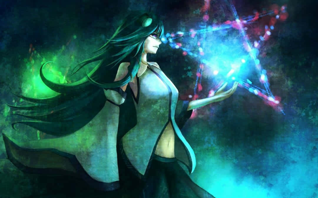 Witchy Desktop 桌布 壁紙 — 一位黑髮動漫少女穿著飄逸長袍，在煙霧瀰漫的綠色和藍色背景下，將發光的藍色和紅色魔法能量引導到星形咒語中。