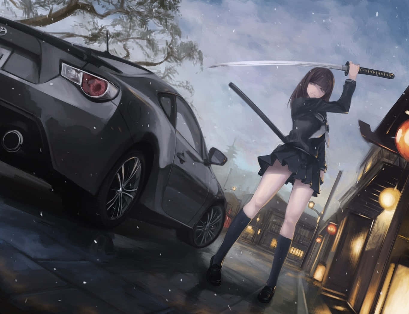 動漫女孩 桌布 壁紙 — 一位黑髮動漫少女穿著黑色校服，在黃昏時分的雪城市街道上，在一輛時尚黑色跑車旁揮舞著武士刀。