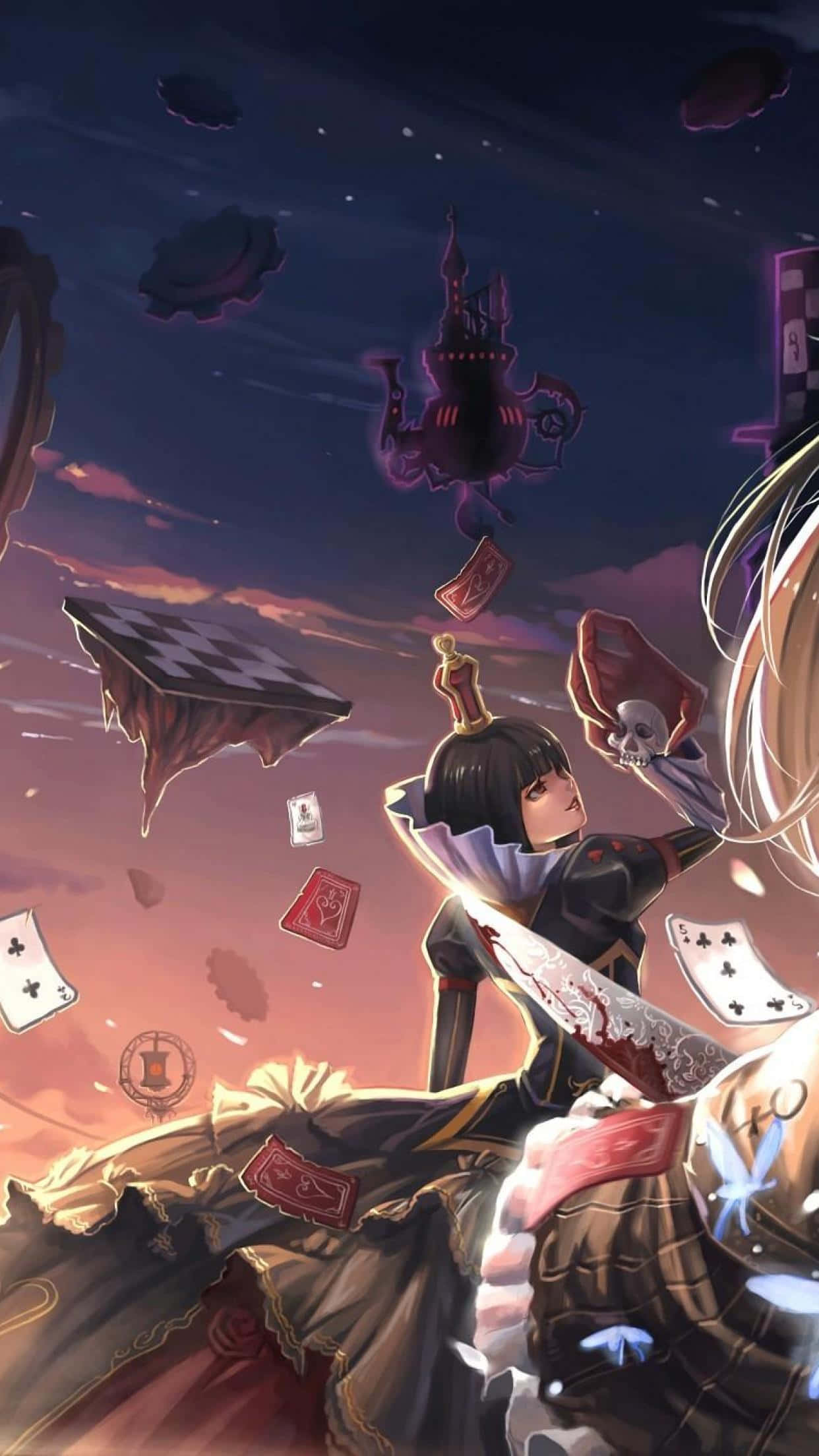 Alice Wonderland Aesthetic 桌布 壁紙 — 一位黑髮動漫少女身穿華麗盔甲，在暮色天空下揮劍，周圍漂浮著棋子和一個鬧鬼的茶壺。