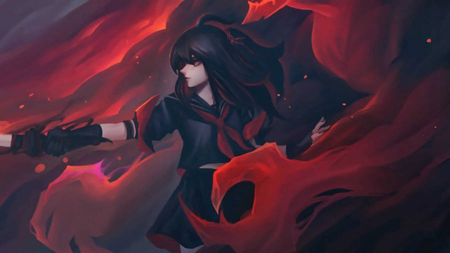 Red Anime 桌布 壁紙 — 一位黑髮動漫少女身穿黑色校服，在旋轉的深紅火焰和發光的餘燼中揮舞著劍。