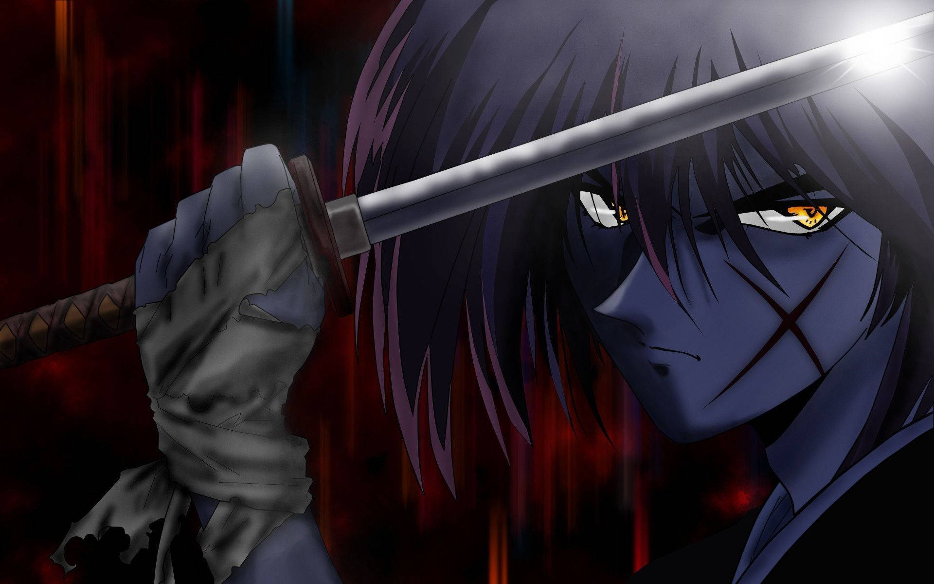 Anime Samurai 桌布 壁紙 — 一位黑髮動漫戰士，琥珀色發光的眼睛緊握著武士刀，背景是血紅色。