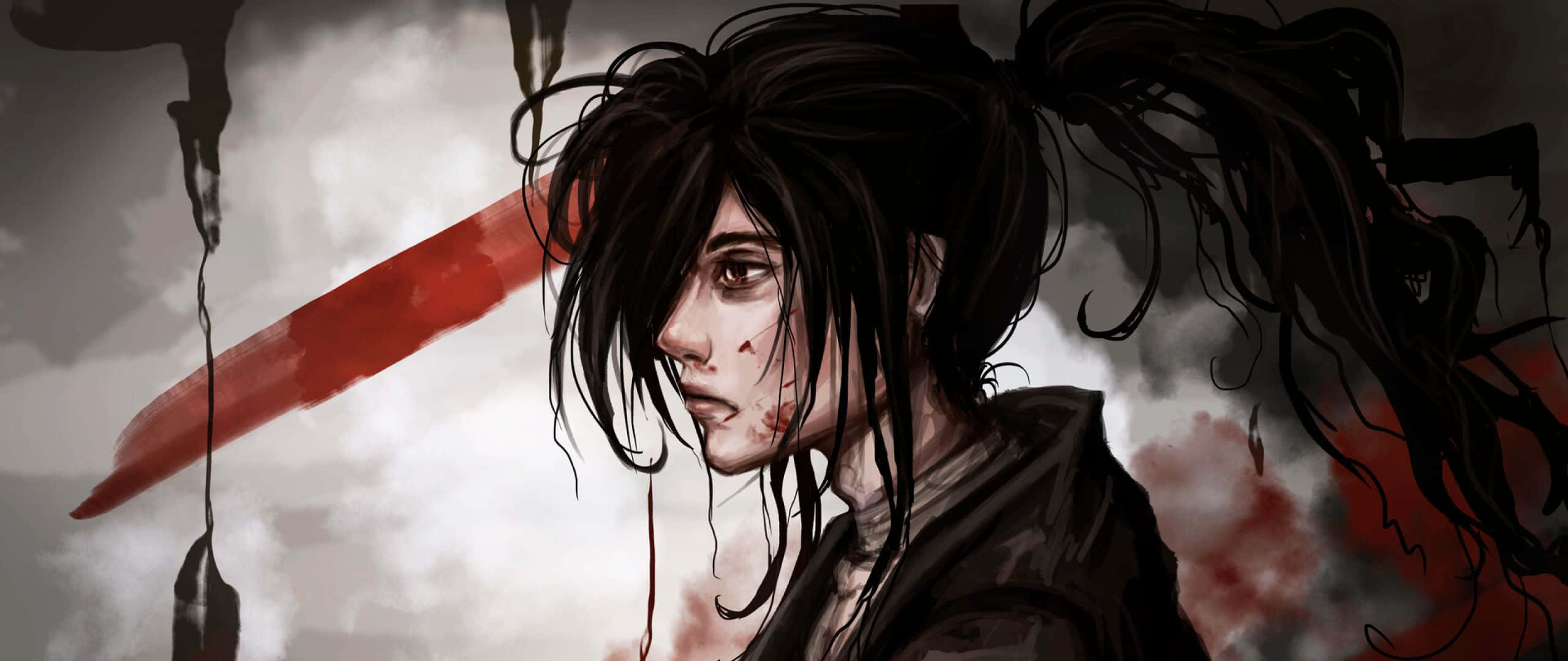 多羅羅 桌布 壁紙 — 一位黑髮動漫戰士，臉上沾滿鮮血，手持劍，在暴風雲中怒目凝視。