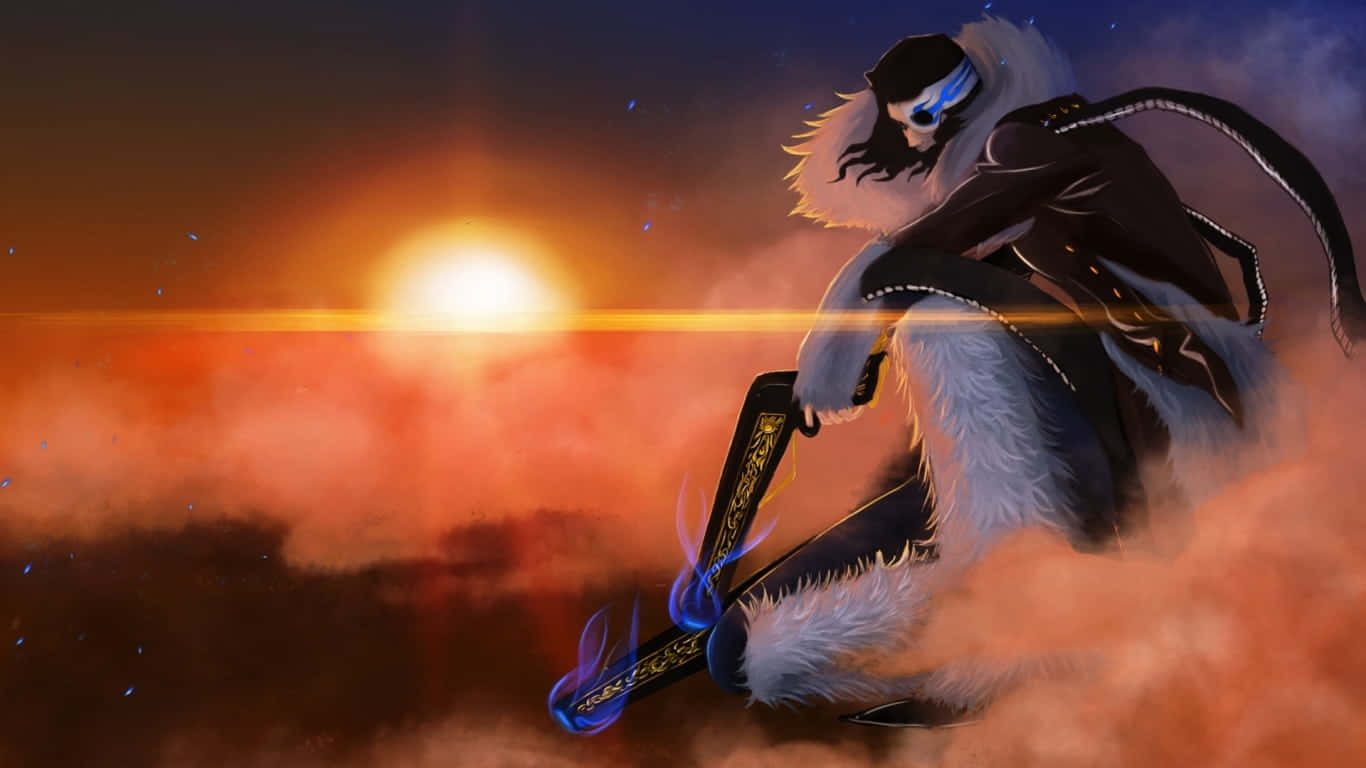 Coyote Starrk 桌布 壁紙 — 一位黑髮動漫戰士穿著毛皮襯裡的盔甲，跪在發光的劍上，背景是火紅的夕陽天空。