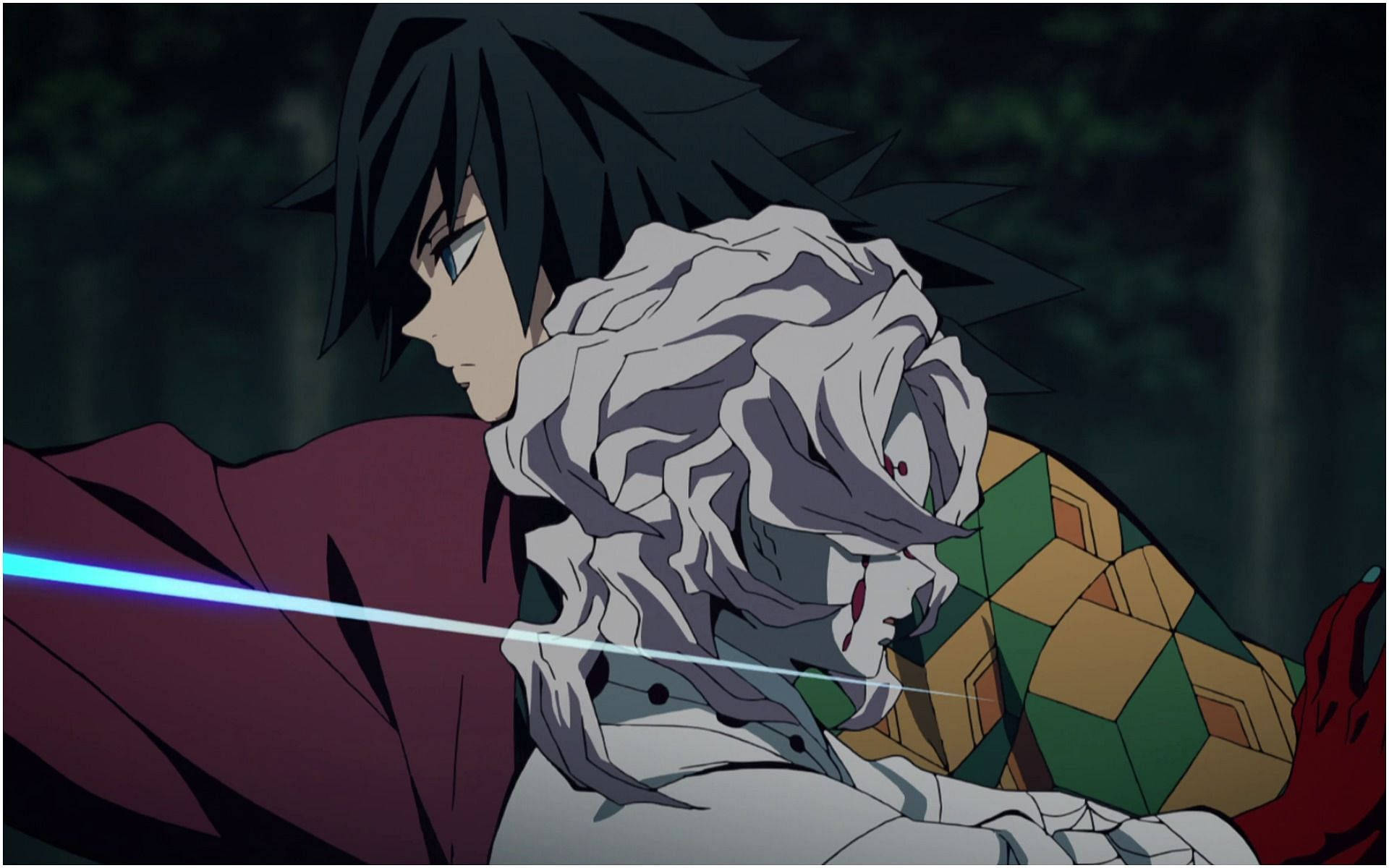 Rui 桌布 壁紙 — 一位黑髮動漫戰士穿著紅色和服，手持發光的藍色劍，在陰暗的森林中擁抱著一位白髮紅眼的惡魔。