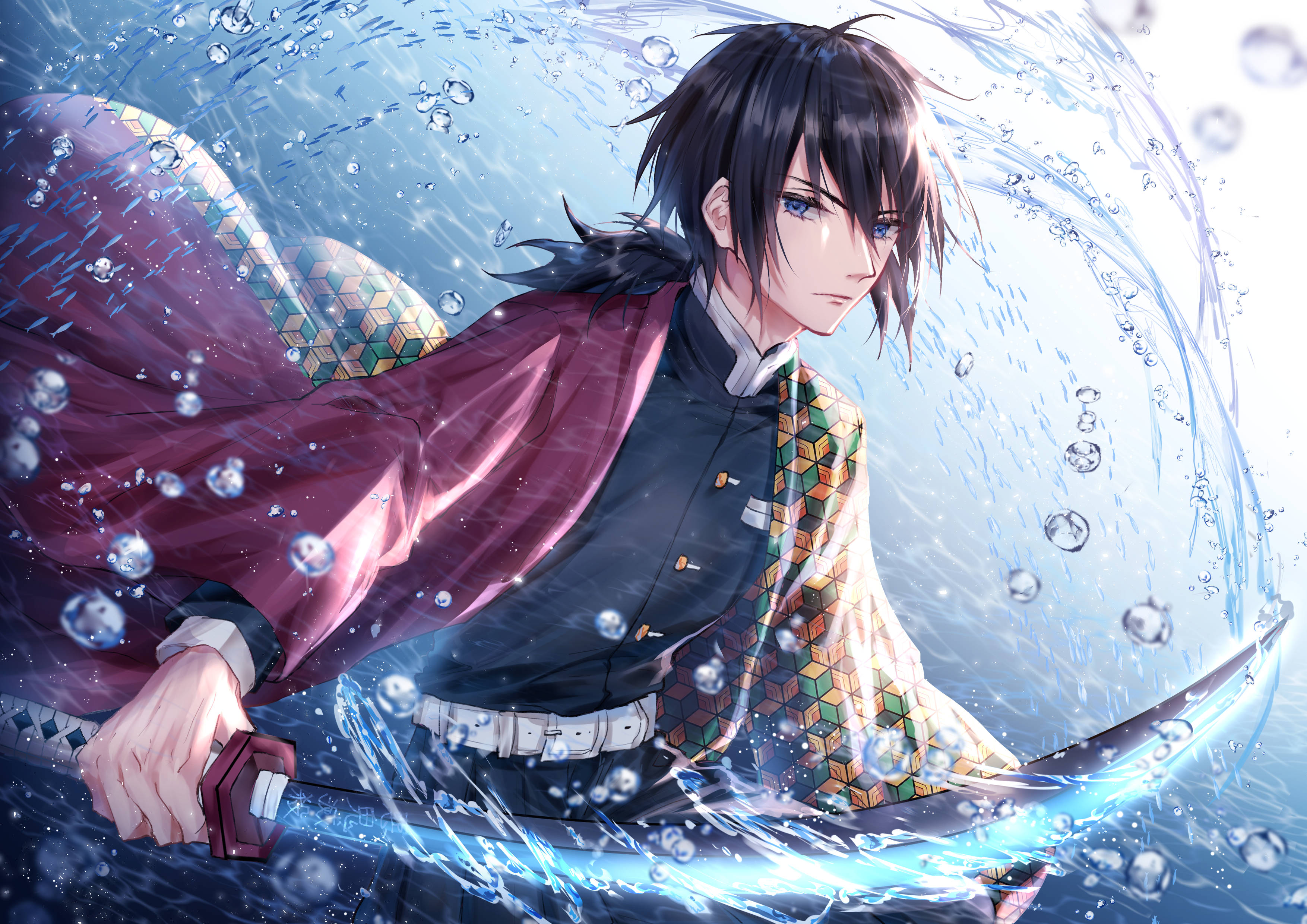 Giyuu 桌布 壁紙 — 一位黑髮動漫戰士身穿圖案和服，在旋轉的水和氣泡中揮舞著發光的劍。