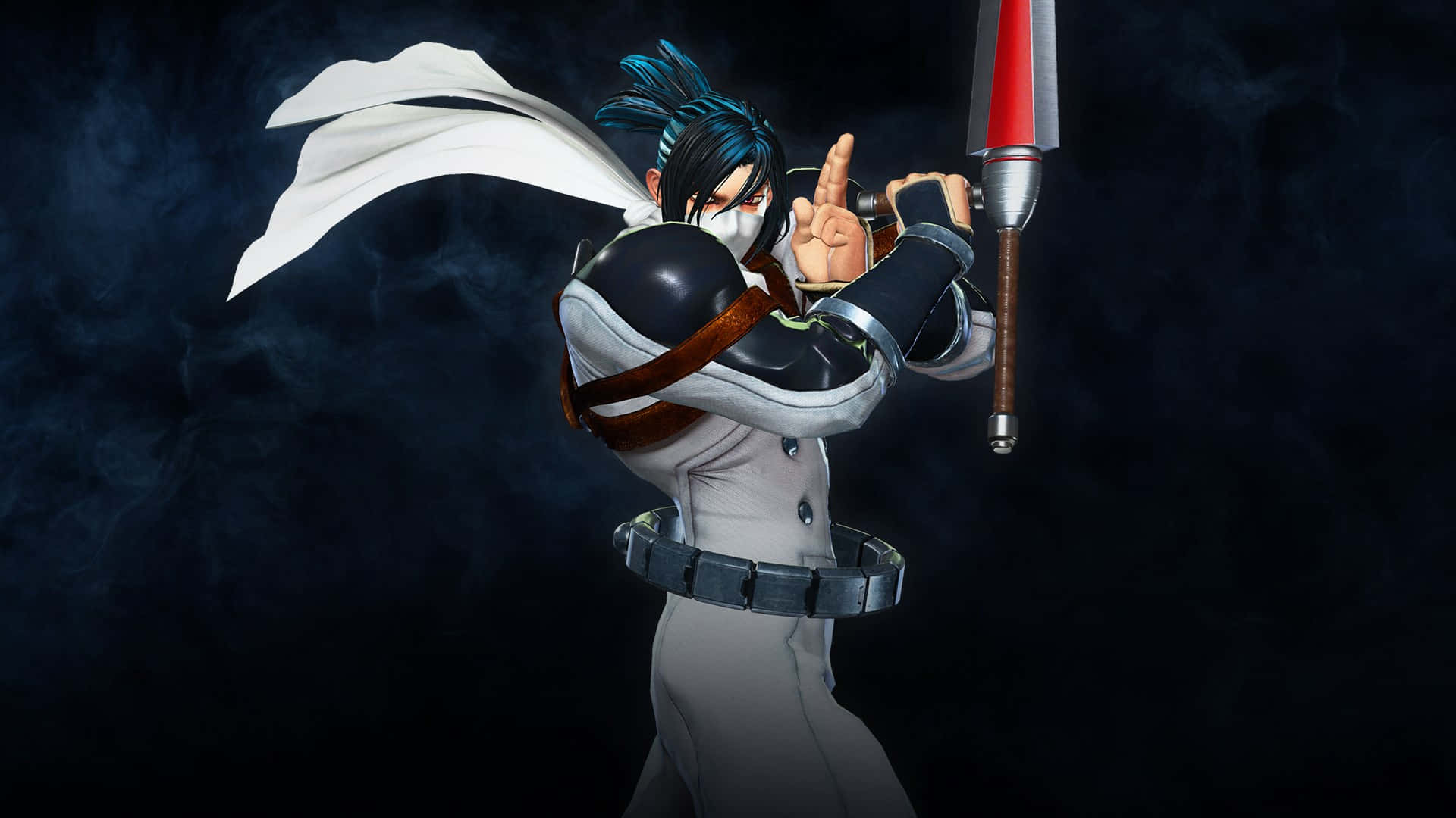 Marvel Vs Capcom Characters 桌布 壁紙 — 一位黑髮動漫戰士身穿白色盔甲，在煙霧瀰漫的黑色背景下揮舞著紅色尖端的長矛。