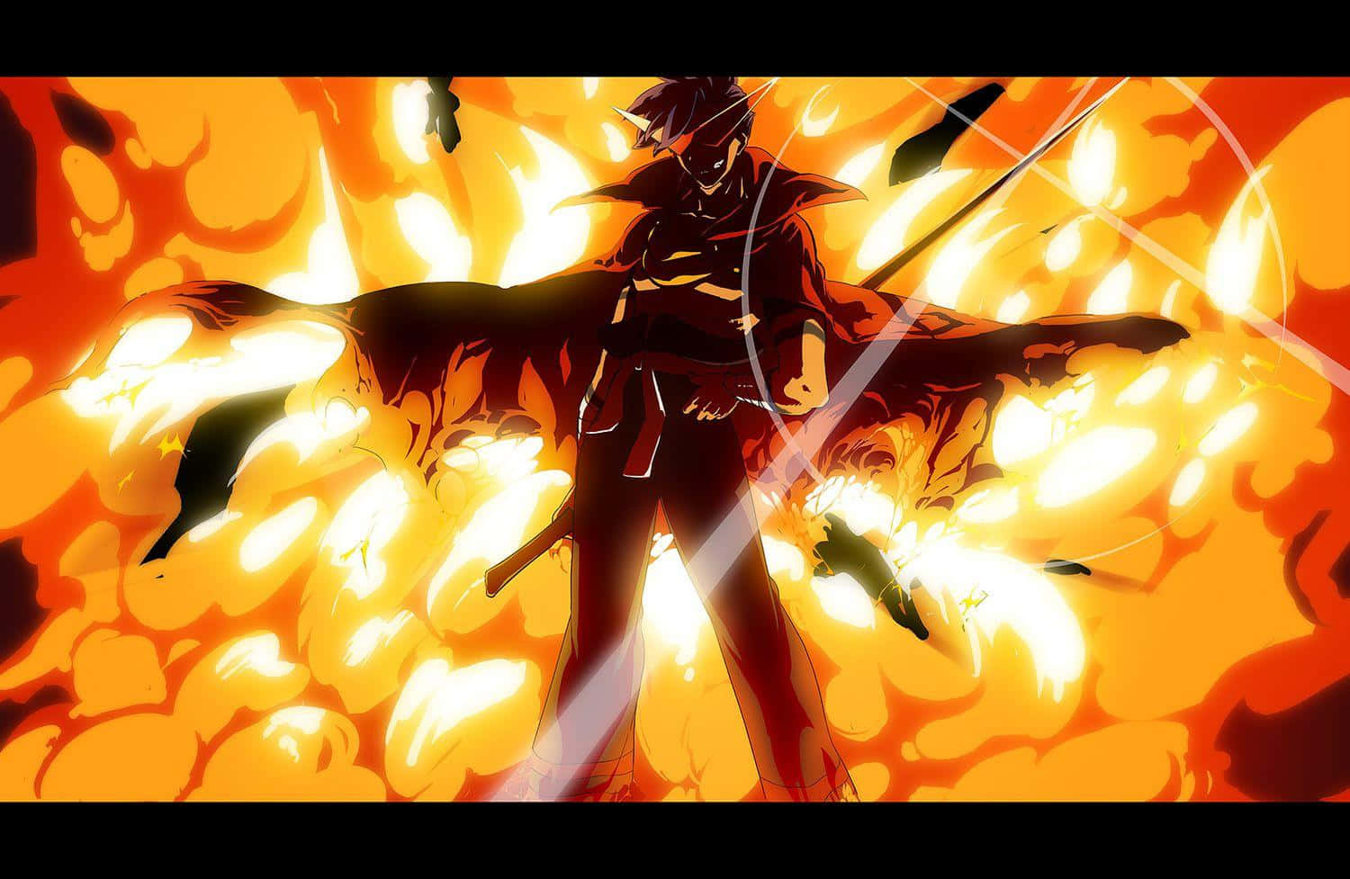 Gurren Lagann Kamina 桌布 壁紙 — 一位黑髮動漫戰士身穿紅色盔甲，在橙色和黃色的烈焰地獄中，伴隨著發光的能量效果，挑釁地站立著。