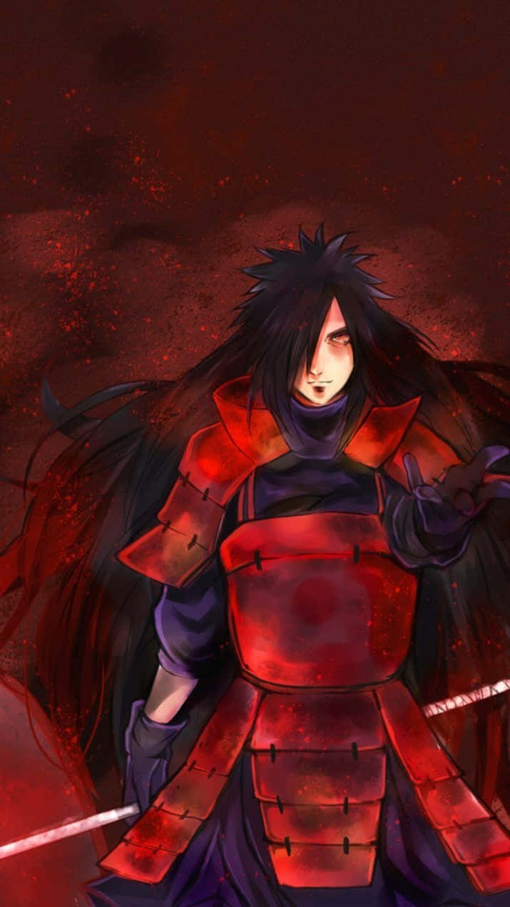 動漫忍者戰士身穿紅色盔甲，在深紅色背景前手持劍。 — 斑 GIF 壁紙