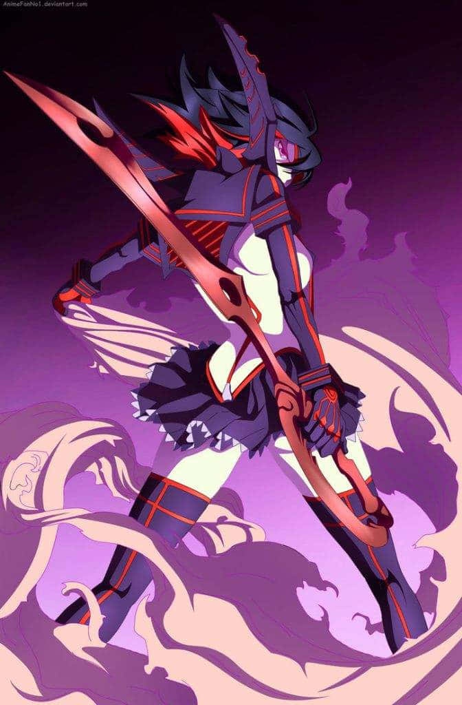 ryuko matoi 桌布 壁紙 — 一位黑髮動漫戰士身穿紫色和紅色盔甲，在旋轉的紫色背景下揮舞著一把巨大的發光劍。