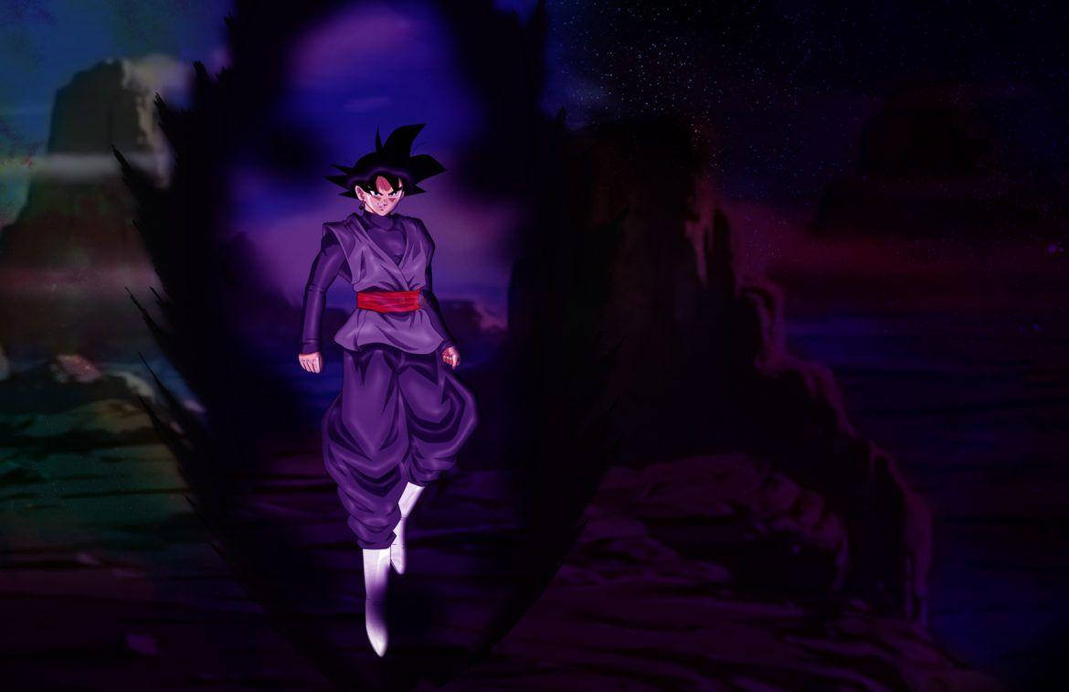 Black Goku 桌布 壁紙 — 一位黑髮動漫戰士身穿紫色道服，繫著紅色腰帶，在星光點點的夜空下漂浮於發光的紫色能量之中。