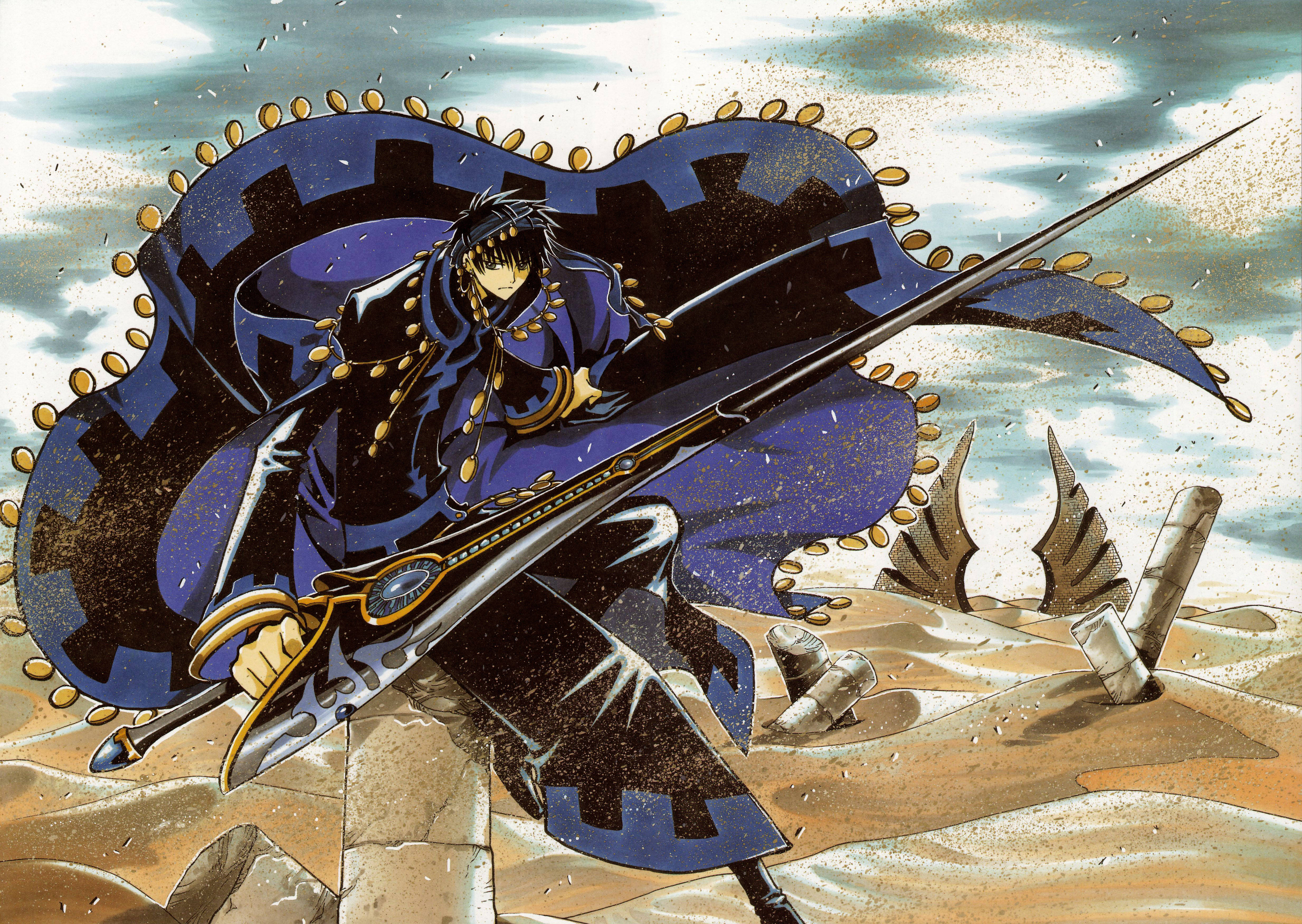 tsubasa reservoir chronicle 桌布 壁紙 — 一位黑髮動漫戰士身穿藍金色斗篷，在暴風雨的天空下，於破碎的石頭廢墟中揮舞長劍。