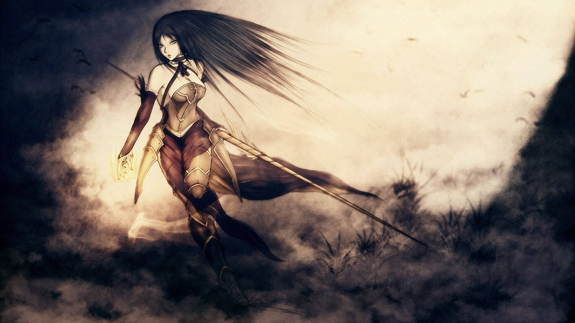Castlevania 桌布 壁紙 — 一位黑髮動漫戰士身穿金色盔甲，在迷霧地形中大步前行，手持發光的劍和長矛。