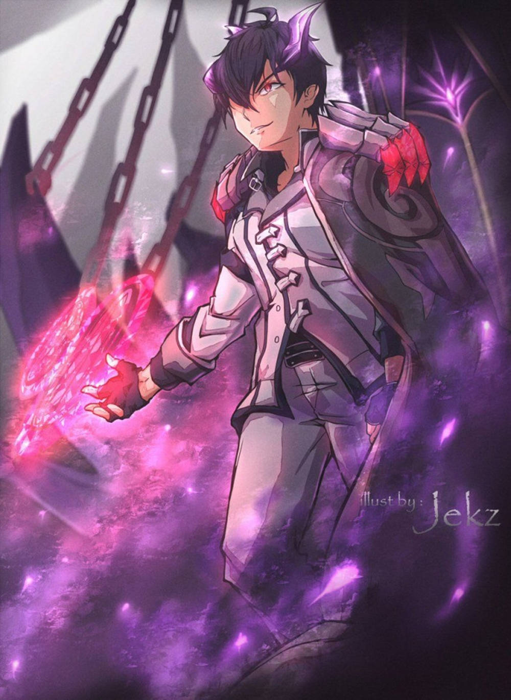 Mobile Legends 動態圖 桌布 壁紙 — 一位黑髮動漫戰士身穿銀色盔甲，在紫色鎖鏈背景下從手中釋放出發光的粉紅色能量。