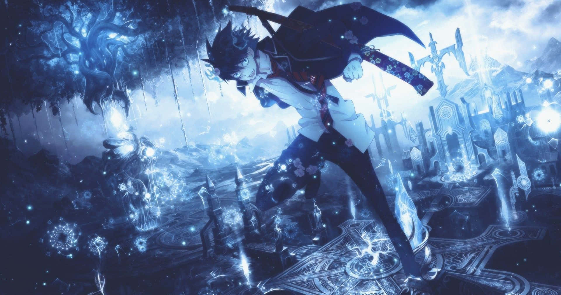 Blue Exorcist 桌布 壁紙 — 一位黑髮動漫戰士身穿黑白裝備，在暴風雨的天空下動態地跳過發光的藍色魔法廢墟。