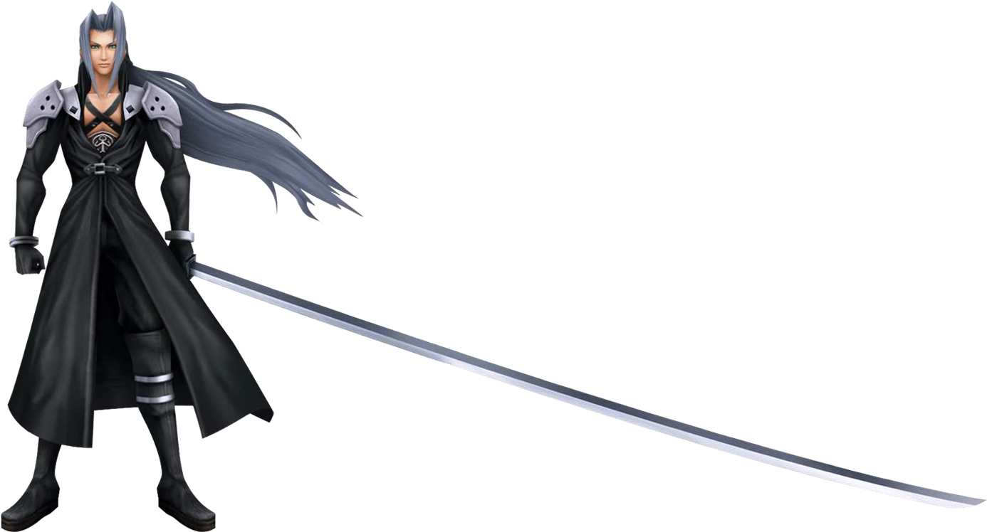 Sephiroth 桌布 壁紙 — 一位黑髮動漫戰士身穿黑色盔甲，在黑色背景前揮舞著一把長銀劍。