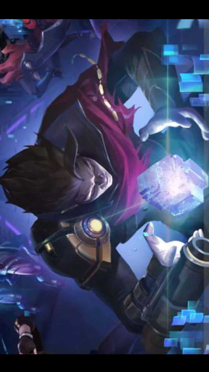 Mobile Legends 動態圖 桌布 壁紙 — 一位黑髮動漫戰士身穿黑色盔甲，手持發光球體，披著紅色斗篷，置身於數位藍色能量效果之中。