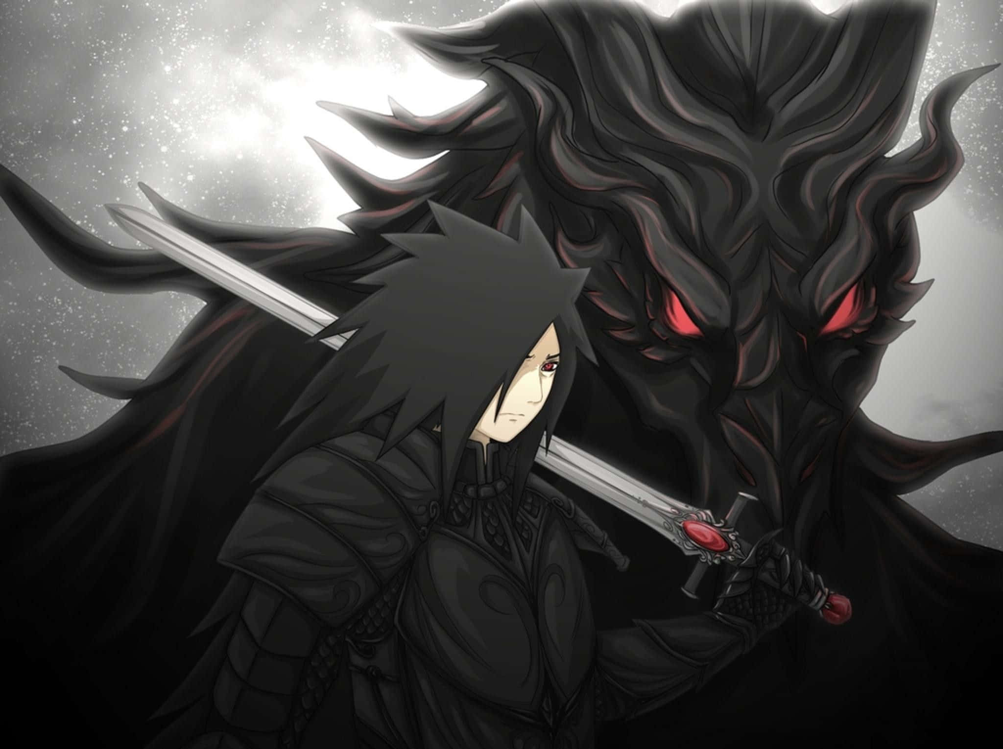 Madara Cool 桌布 壁紙 — 一位黑髮動漫戰士身穿黑色盔甲手持劍，身後有一個帶有發光紅眼的陰影惡魔潛伏著。