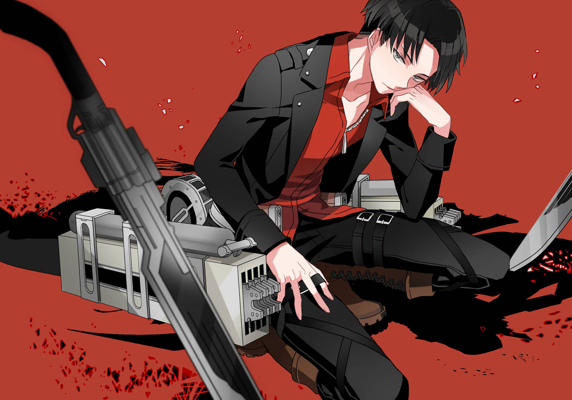 levi aesthetic 桌布 壁紙 — 一位黑髮動漫戰士身穿黑色裝備，跪在一件大型武器旁邊，背景是血紅色。