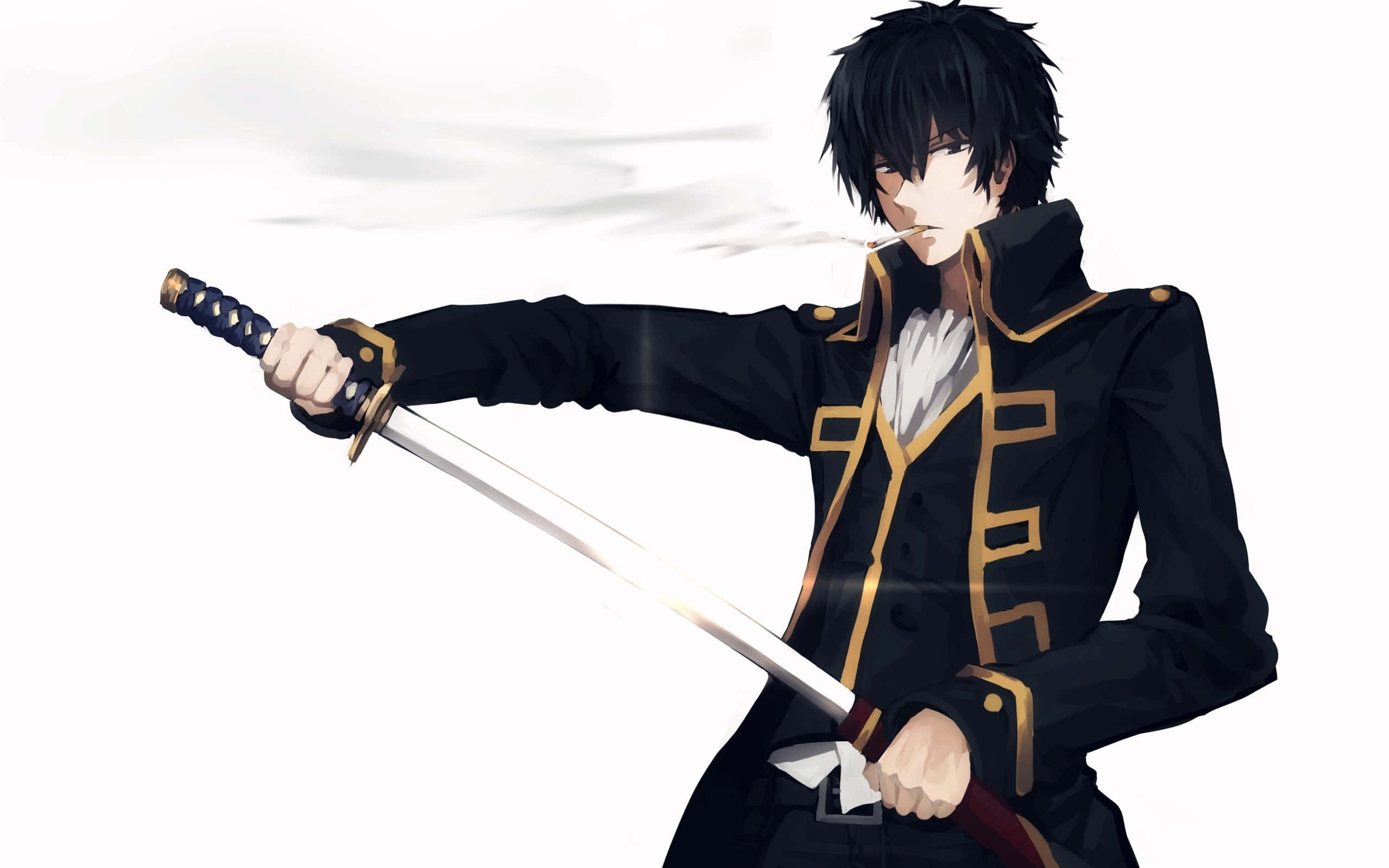 Samurai Sword 桌布 壁紙 — 一位黑髮動漫戰士身穿黑金制服，手持劍，身後有煙霧繚繞，背景為白色。