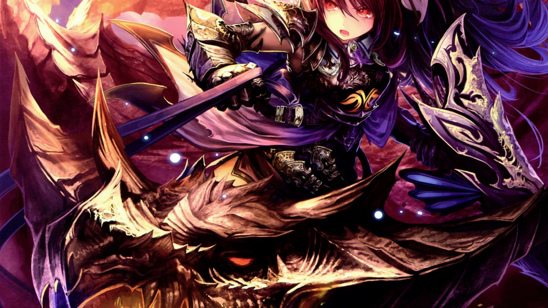 龍 桌布 壁紙 — 一位黑髮動漫戰士身著華麗盔甲，騎著巨大的金色巨龍，背景是熾熱的宇宙。