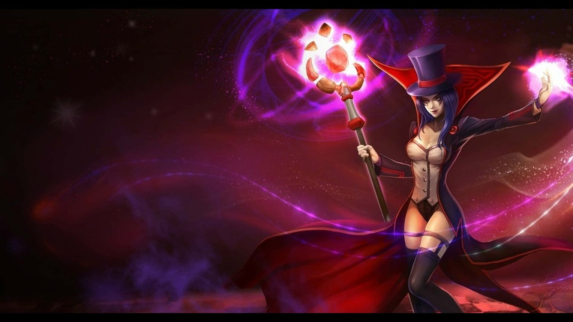 Lol 1920 X 1080 Gaming 桌布 壁紙 — 一位黑髮動漫法師，身穿紅色斗篷和高帽，在宇宙紫色背景下揮舞著發光的法杖。