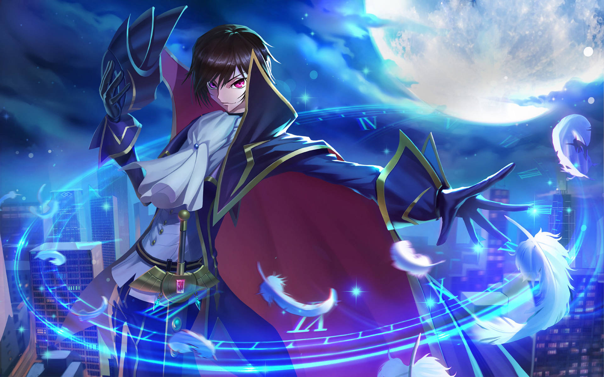Lelouch 桌布 壁紙 — 一位黑髮動漫法師身穿紅色斗篷，在月光下的城市天際線前揮舞著發光的藍色魔法。