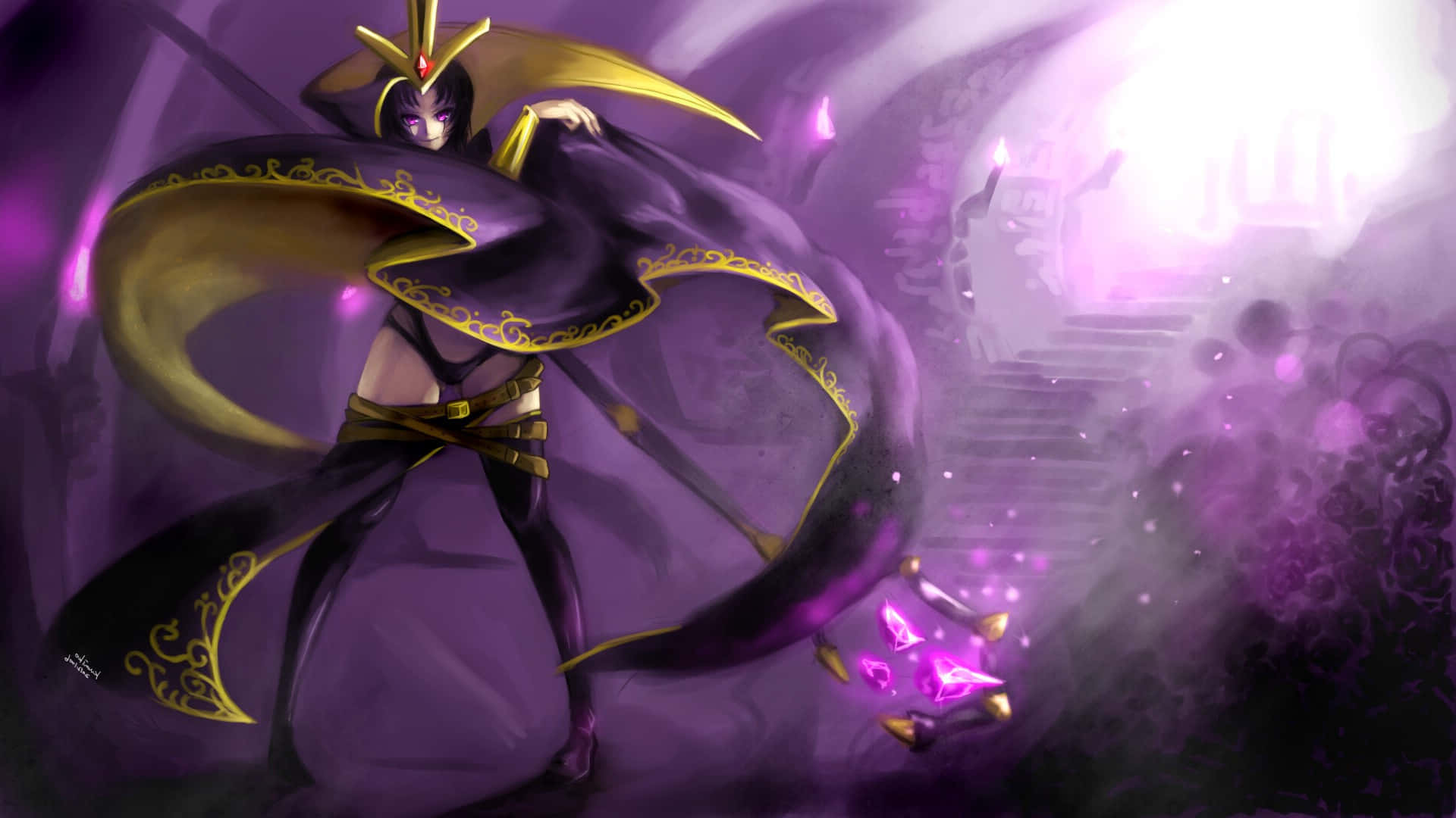 Best League Of Legends 桌布 壁紙 — 一位黑髮動漫法師身穿紫色和金色長袍，在神秘霧氣瀰漫的房間中引導發光的紫色魔法。