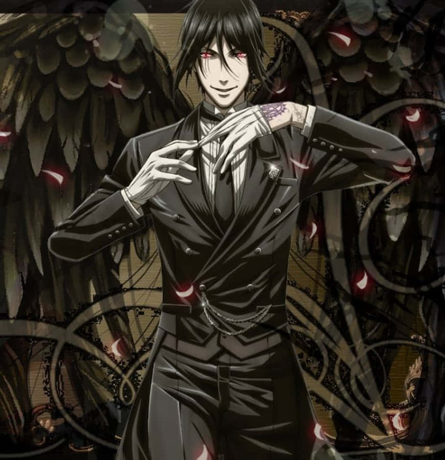 sebastian michaelis 桌布 壁紙 — 一位黑髮動漫男子，擁有紅色眼睛和黑色翅膀，穿著正式西裝，在哥德式華麗背景前擺姿勢。