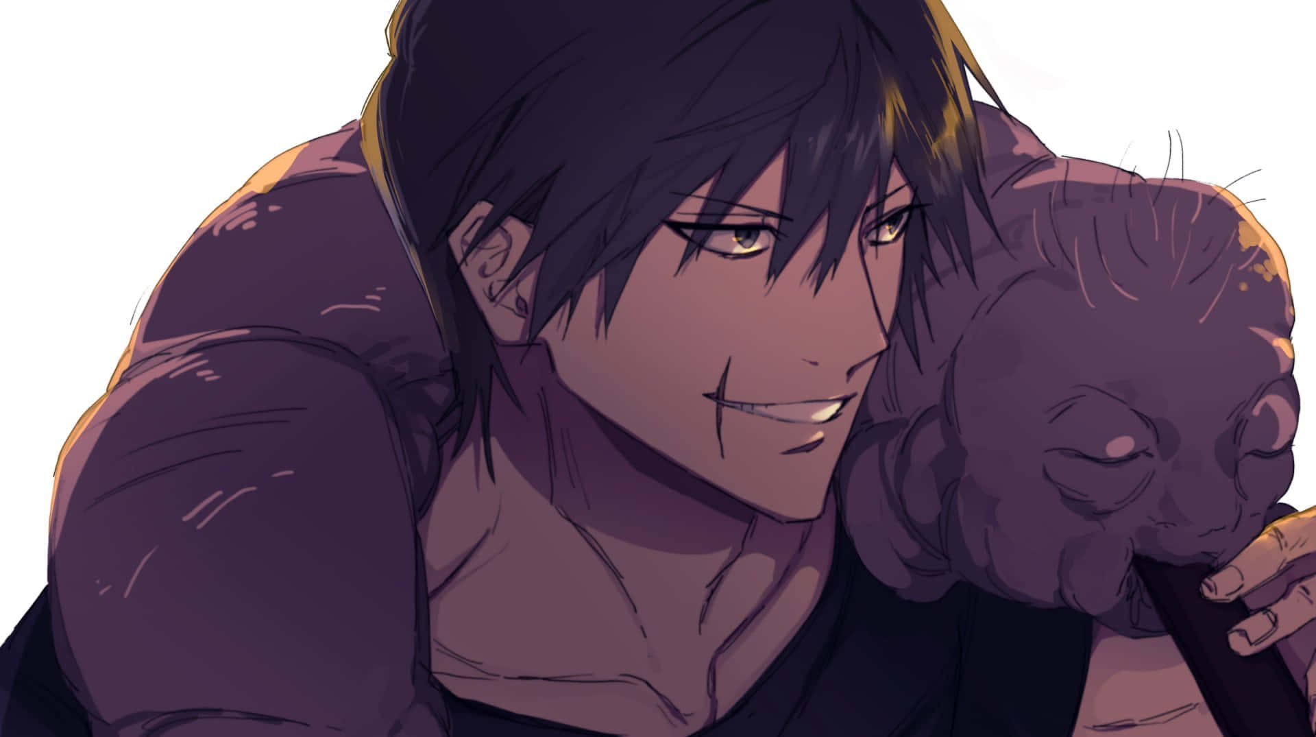 Toji Fushiguro 桌布 壁紙 — 一位黑髮動漫男子帶著溫柔的微笑，以溫暖的紫色調擁抱著一個熟睡的小生物。