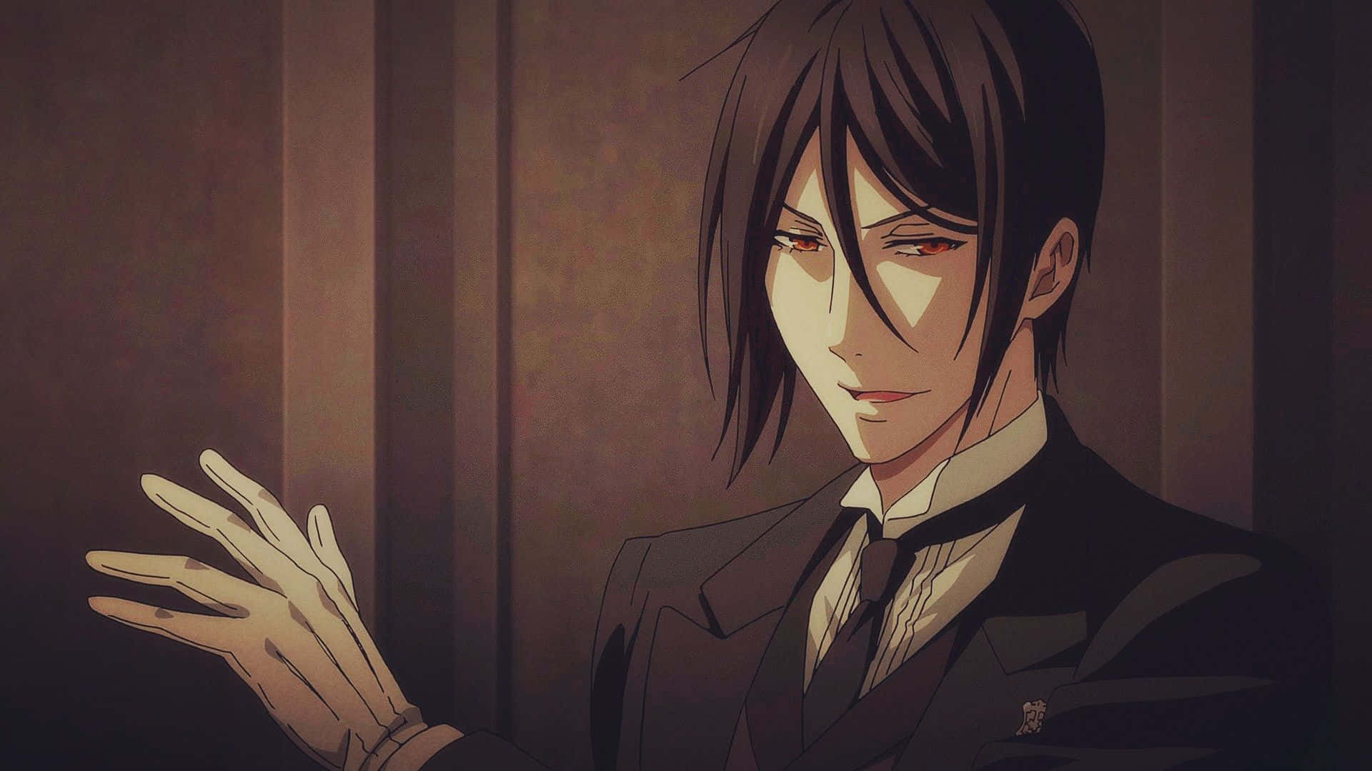 sebastian michaelis 桌布 壁紙 — 一位黑髮動漫男子穿著正式西裝，站在陰暗的房間裡，一隻手伸出，眼睛半閉，神情冷靜而強烈。
