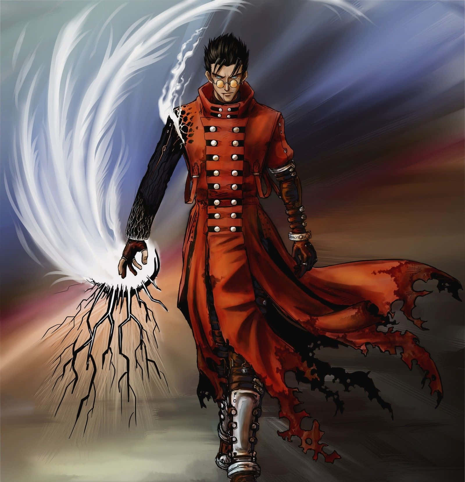 Trigun 桌布 壁紙 — 一位黑髮動漫男子身穿紅色外套，在暴風雨背景下從手中釋放出發光的白色能量衝擊波。