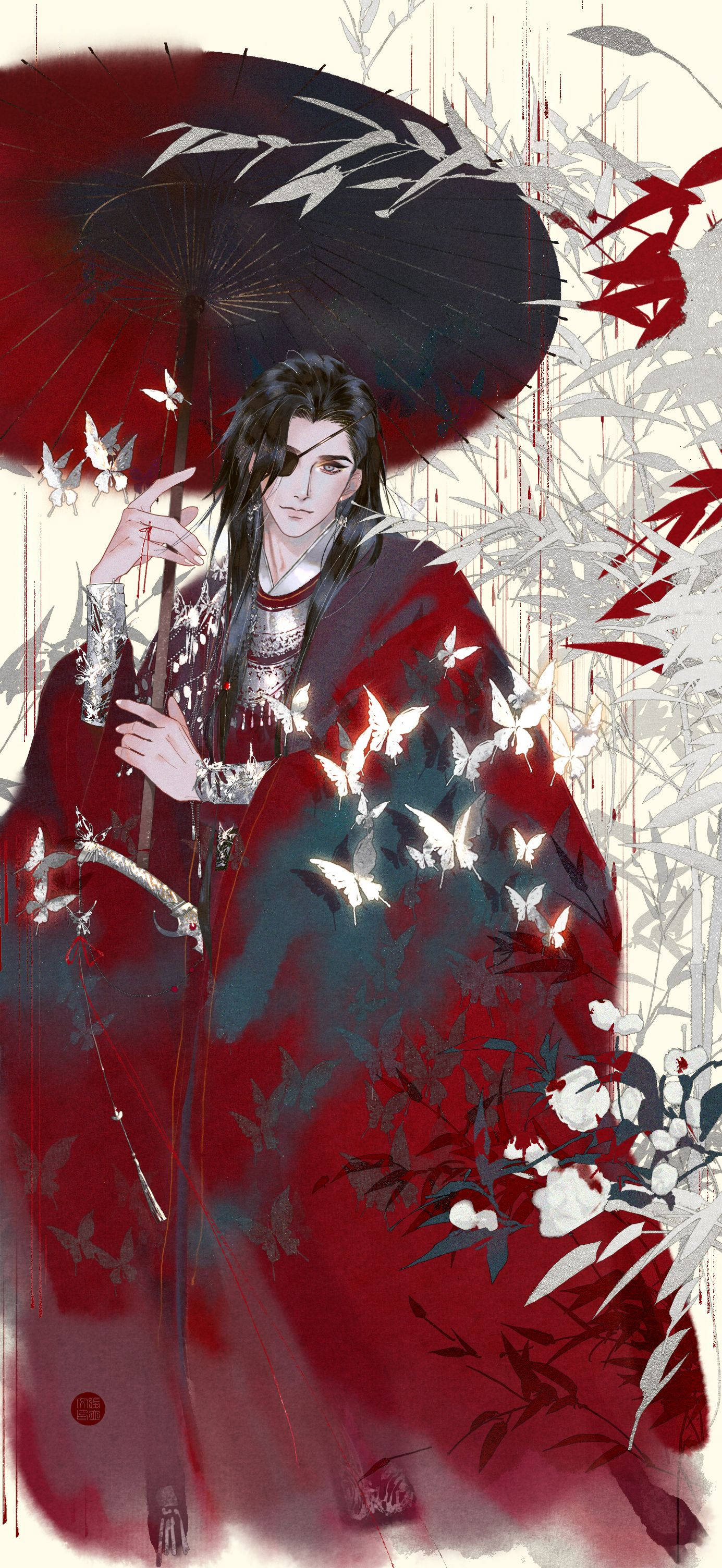 hua cheng 桌布 壁紙 — 一位黑髮動漫男子身穿紅色長袍，手持黑色雨傘，白色蝴蝶在紅白花朵間圍繞他飛舞。