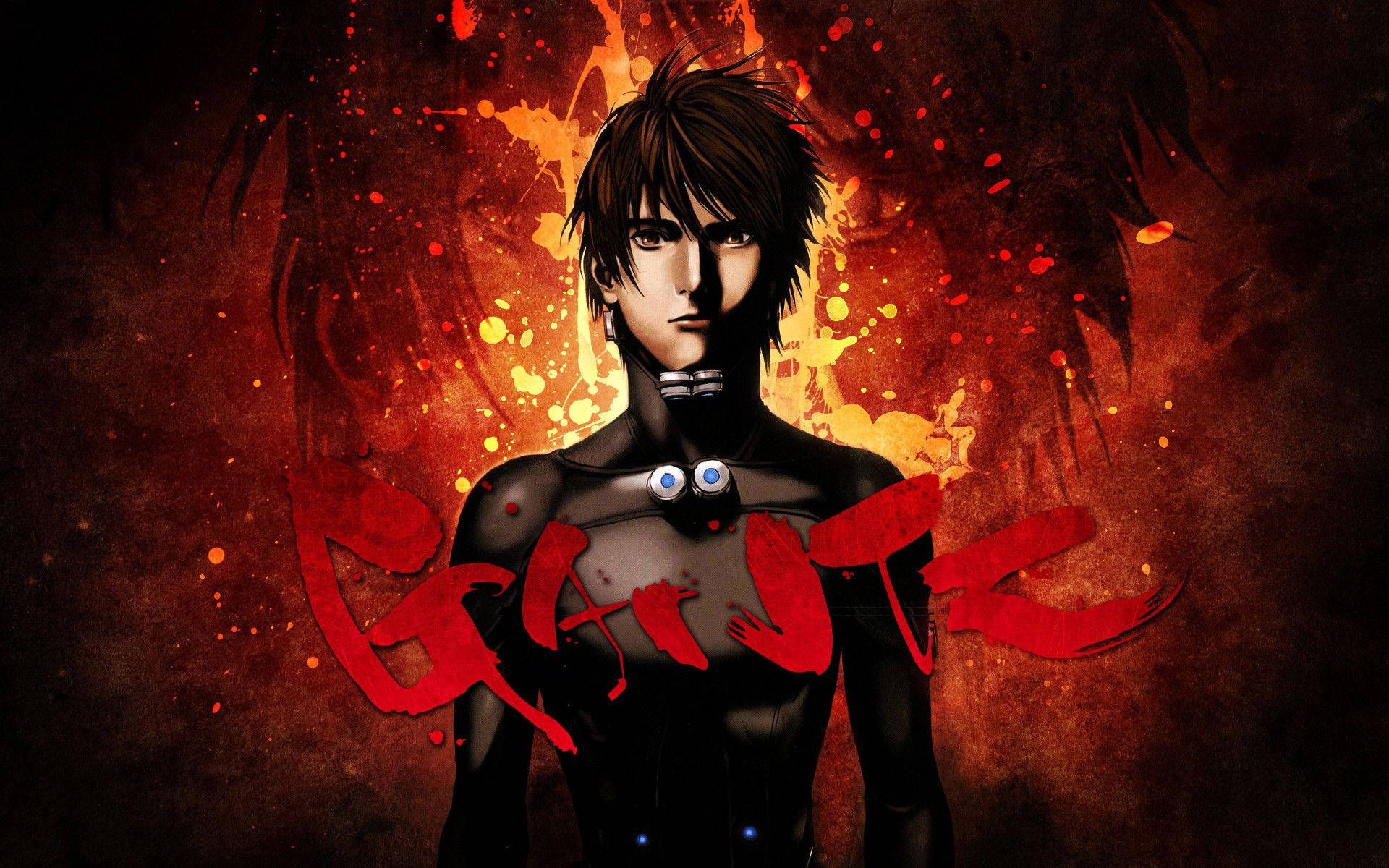 gantz 桌布 壁紙 — 一位黑髮動漫男性，擁有發光的眼睛和紅色潑濺藝術，背景是火熱的橙色和黑色。