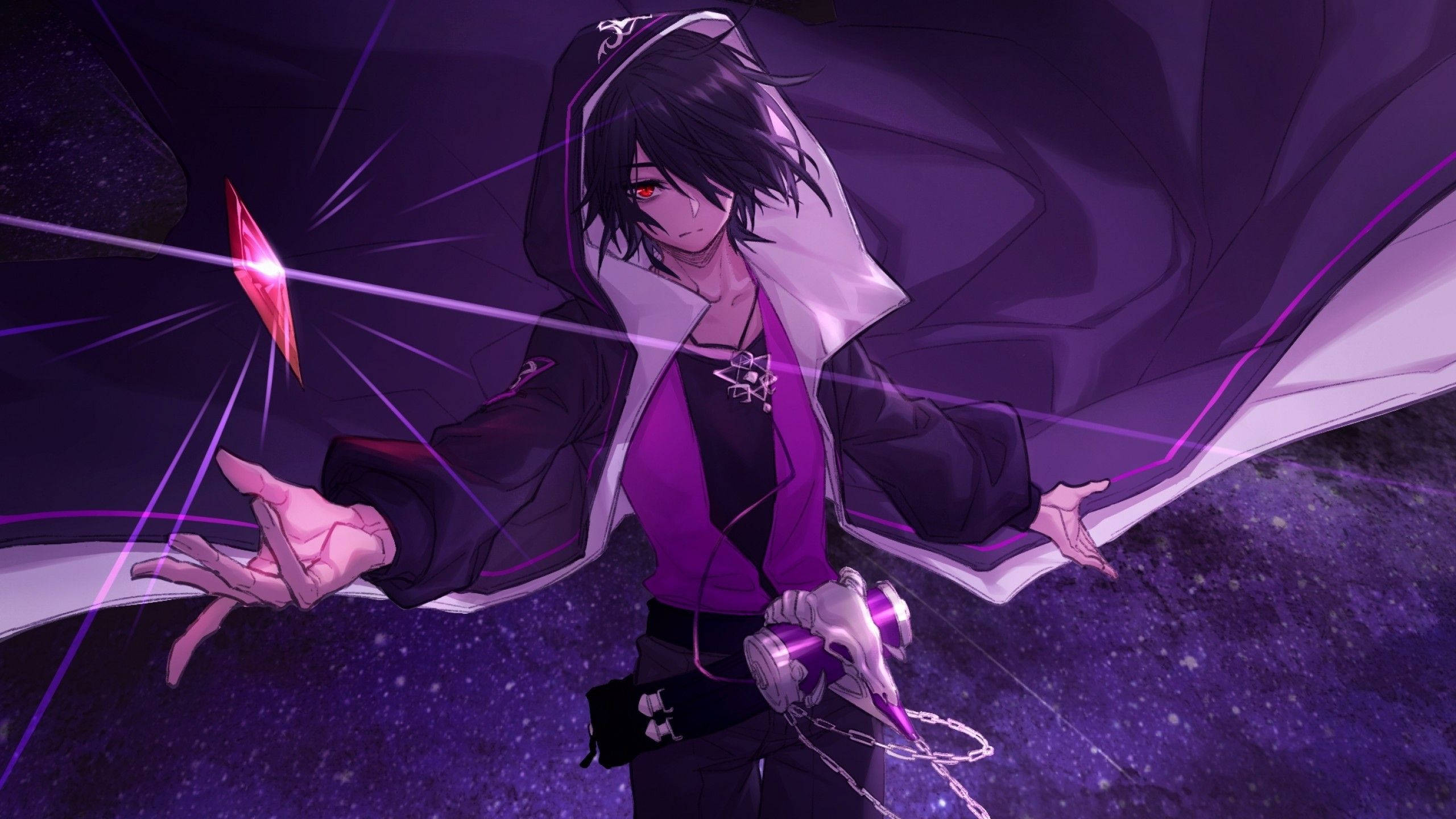Anime Boy Gaming 桌布 壁紙 — 一位黑髮動漫角色身穿紫色斗篷，在星空宇宙背景下引導發光能量。