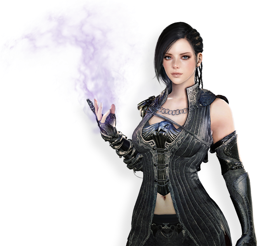 sorceress 桌布 壁紙 — 一位黑髮奇幻戰士身穿華麗盔甲，從她伸出的手中引導發光的紫色魔法，對抗黑色虛空。