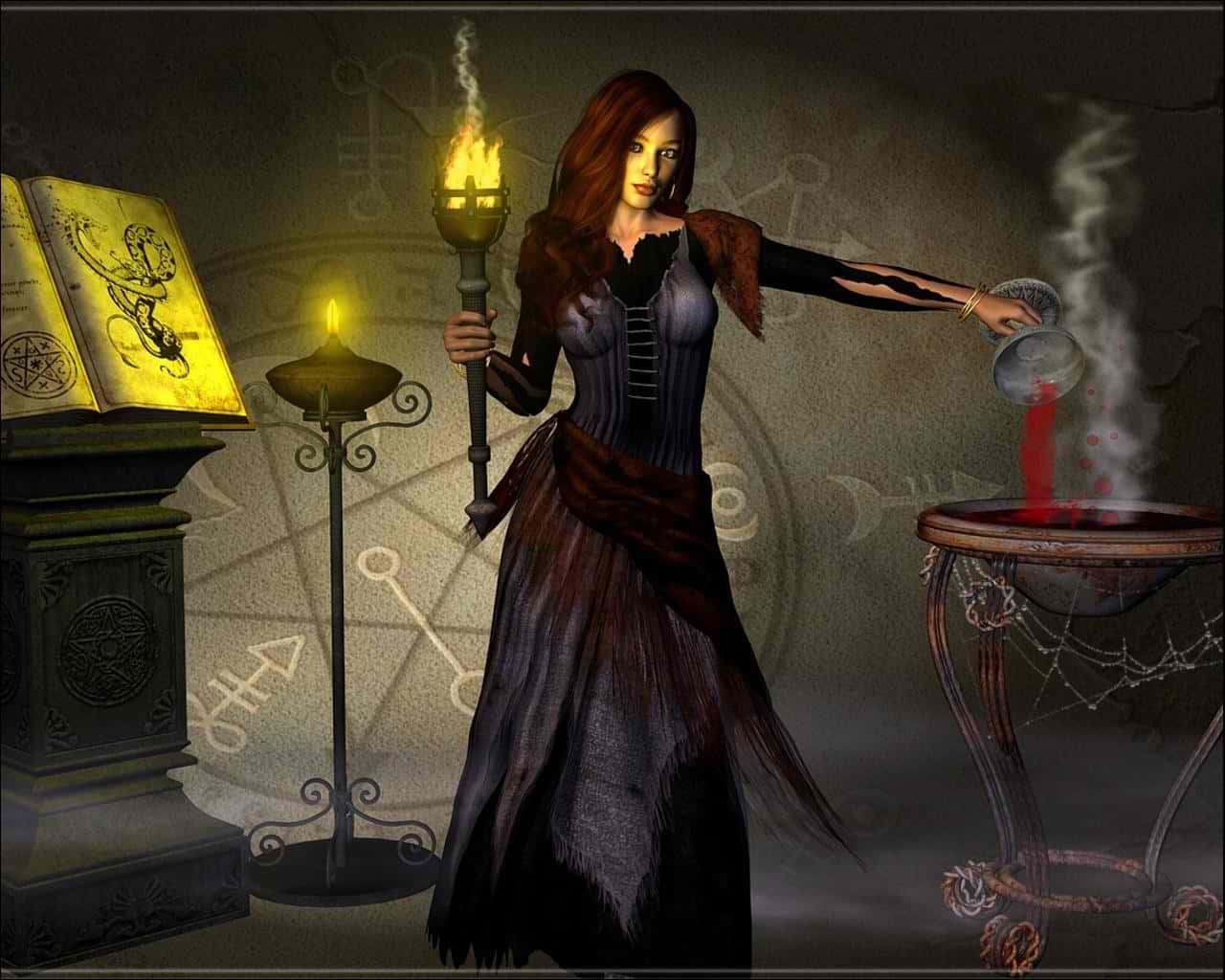 Dark Witch 桌布 壁紙 — 一位黑髮女巫穿著束腰長裙，將紅色液體倒入冒煙的大鍋中，同時手持燃燒的火把，旁邊放著一本打開的咒語書。