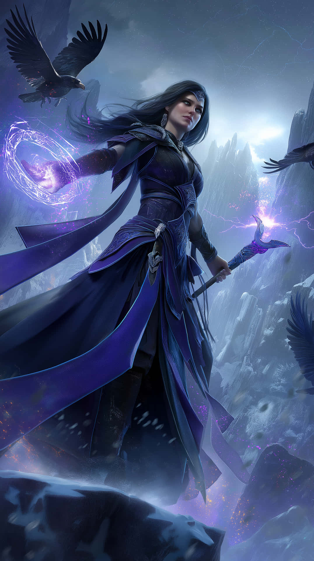 Enchantress of the Peaks: Sorceress Wielding Arcane Power 壁紙 — 一位黑髮女巫身穿飄逸的紫色長袍，站在懸崖上，周圍有烏鴉飛翔，施展著發光的紫色魔法。