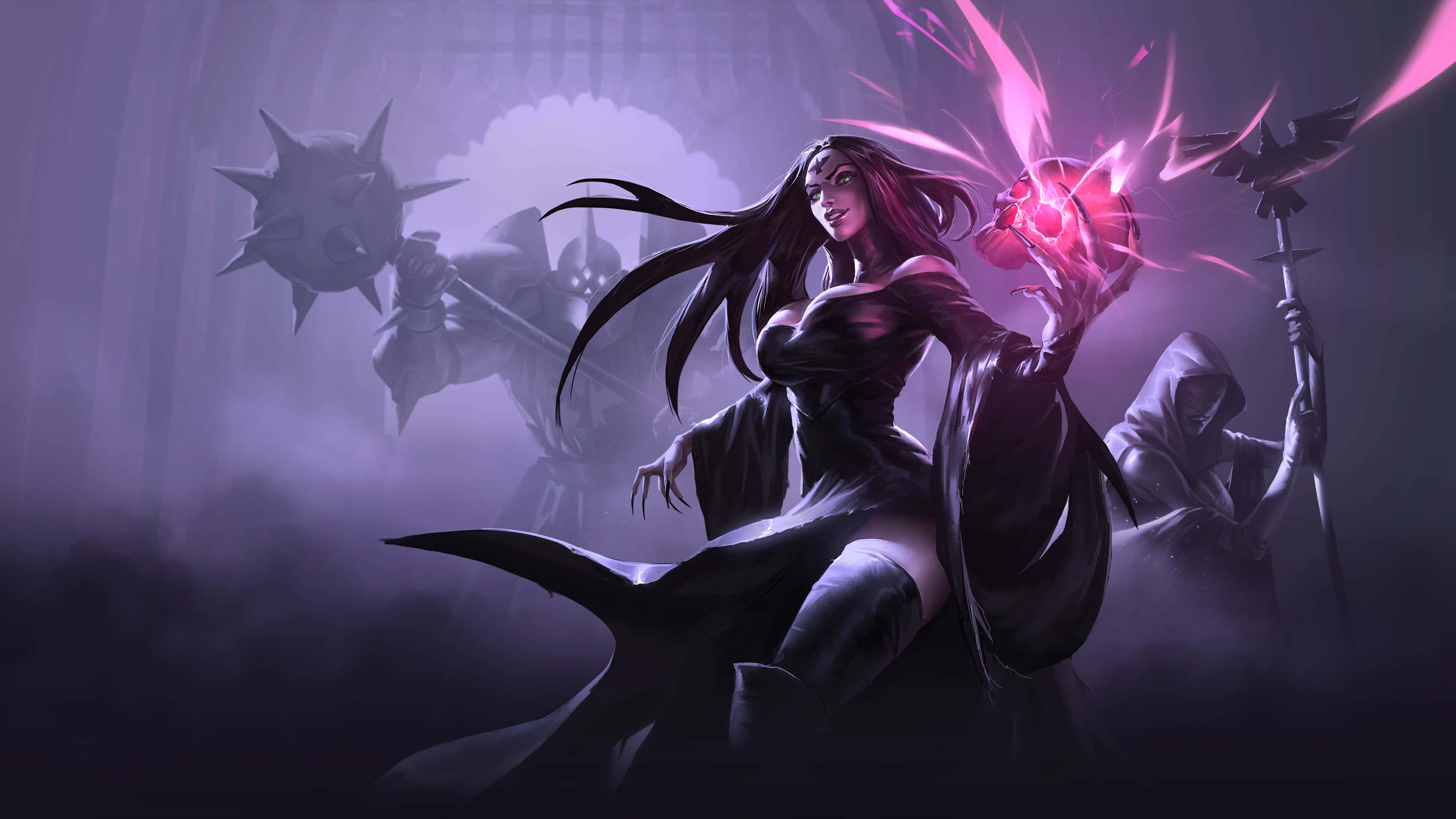 Online Games 桌布 壁紙 — 一位黑髮女巫身穿飄逸的黑色長袍，引導發光的粉紅色魔法，而陰影戰士在她身後隱現於迷霧籠罩、不祥的房間中。