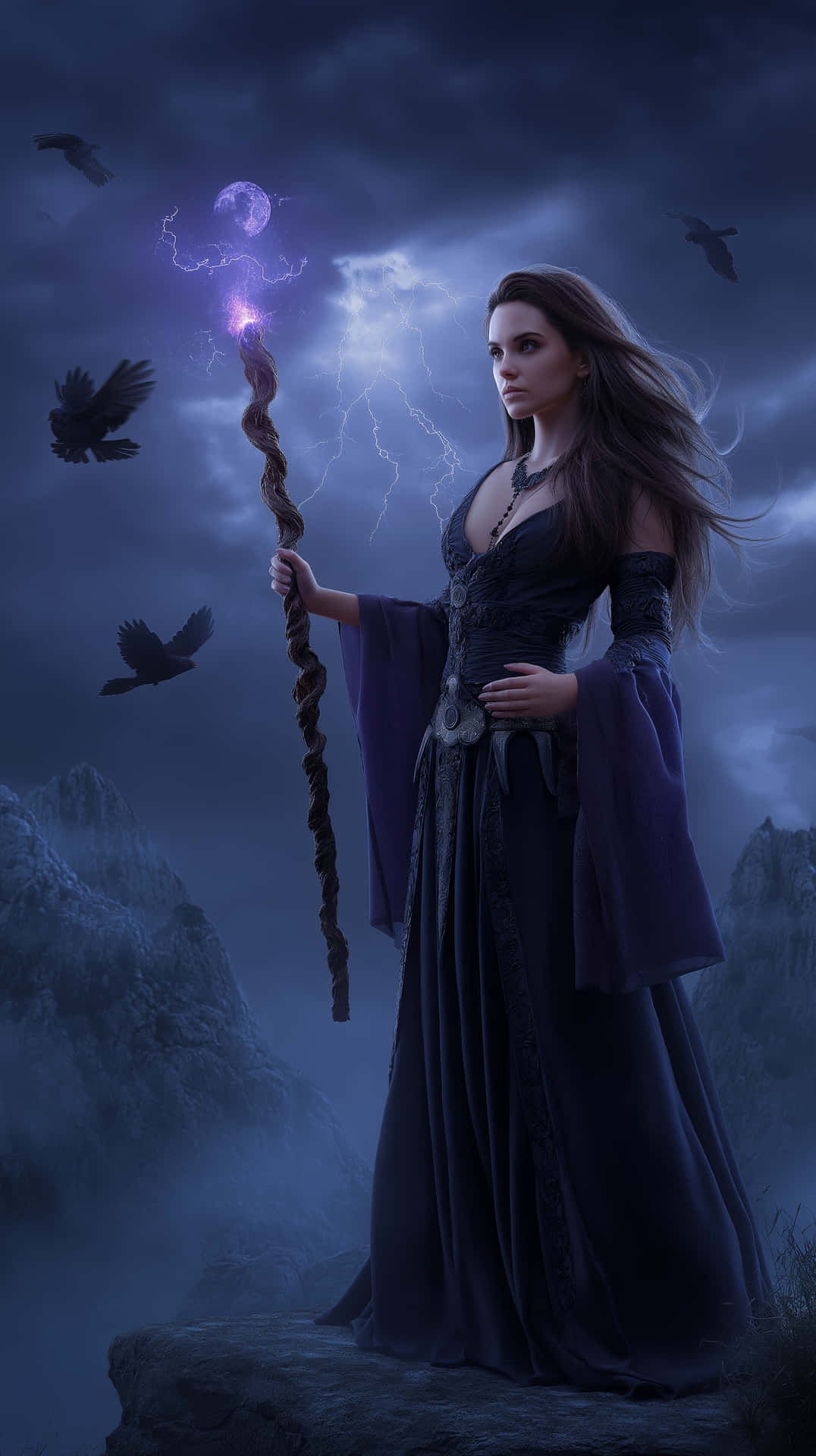 Mystic Witch on Mountain: Holding a Staff Under Stormy Sky 壁紙 — 一位黑髮女巫身穿飄逸的黑色長袍，站在岩石懸崖頂上，手持發光法杖，身後閃電劃破夜空，烏鴉在暴風雨的夜空中飛翔。