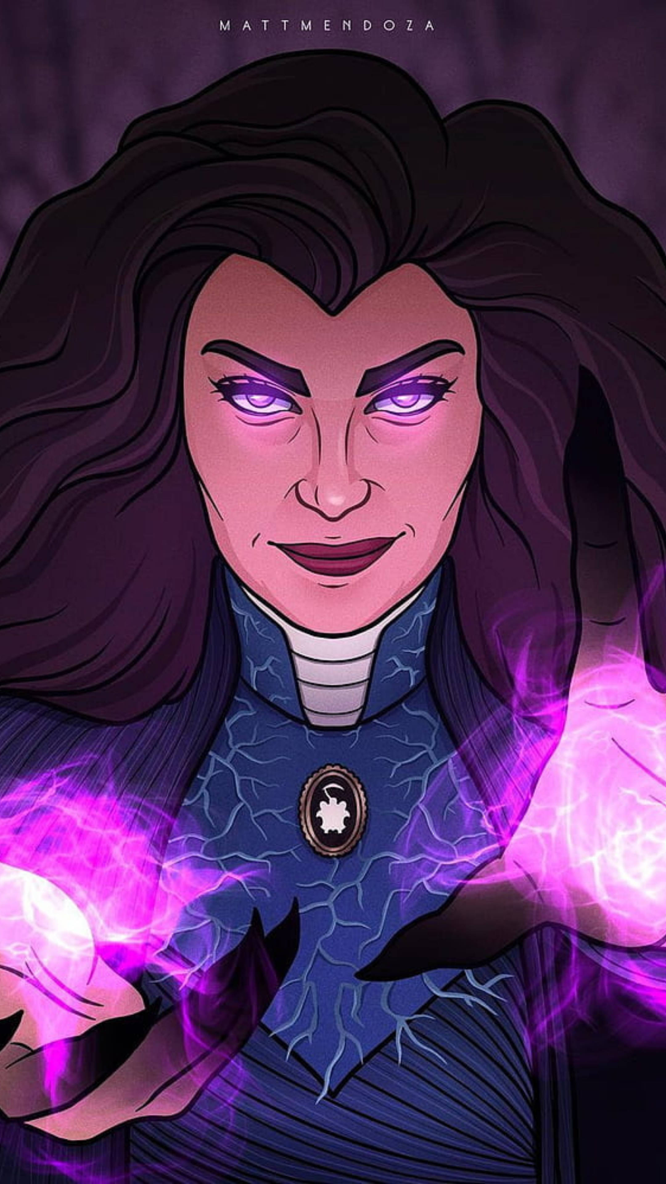 Agatha 桌布 壁紙 — 一位黑髮女性，擁有發光的紫色眼睛，在陰暗背景前將充滿活力的紫色能量匯聚於雙手中。