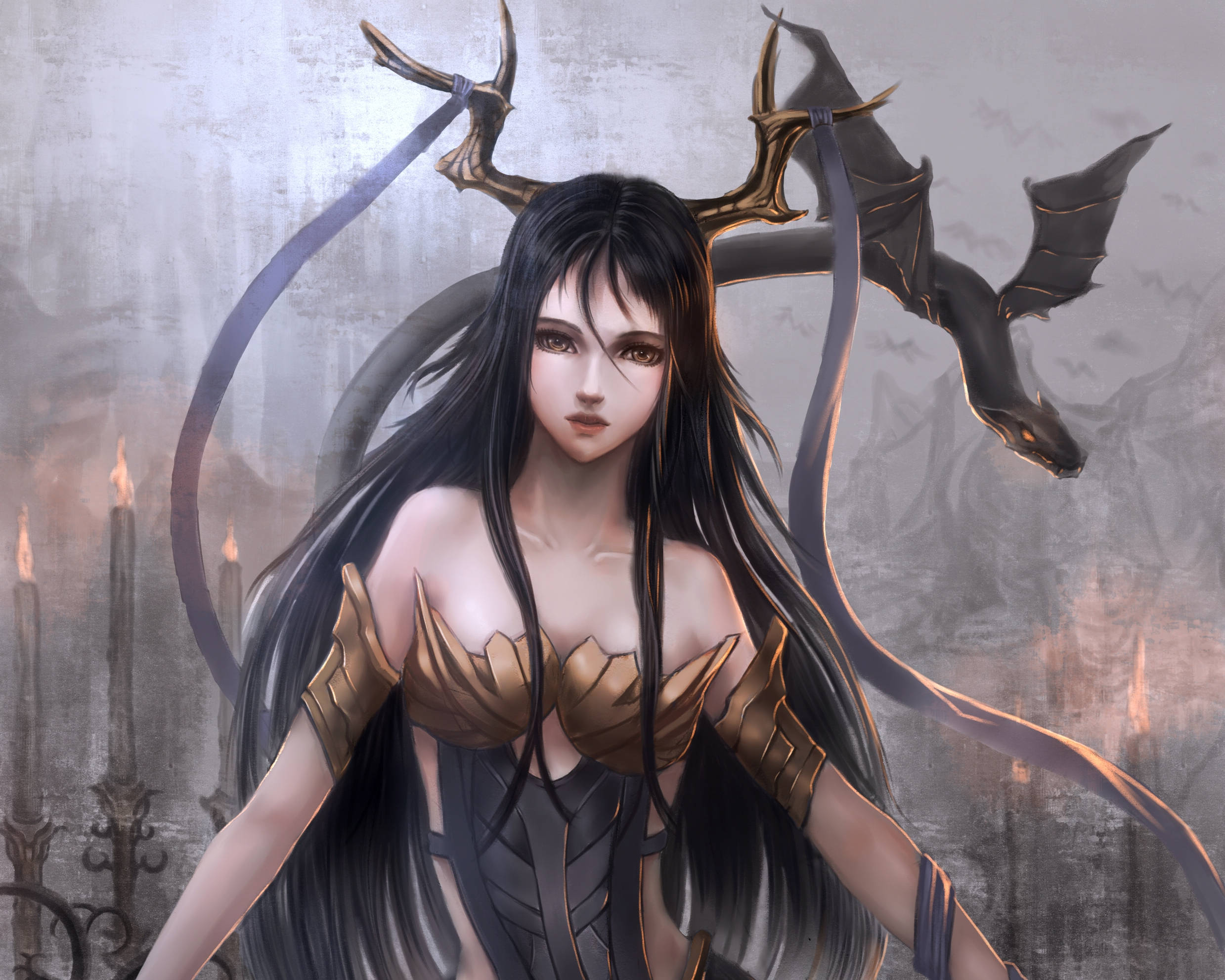 Sad Demon Girl 桌布 壁紙 — 一位黑髮女性惡魔，身穿金色盔甲和龍翼，站在哥德式環境中閃爍的蠟燭前。